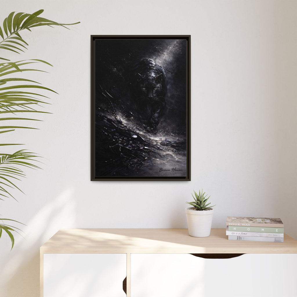 Cosmic Black Panther Matte Framed Canvas – Dark Abstract Wildlife Wall Art