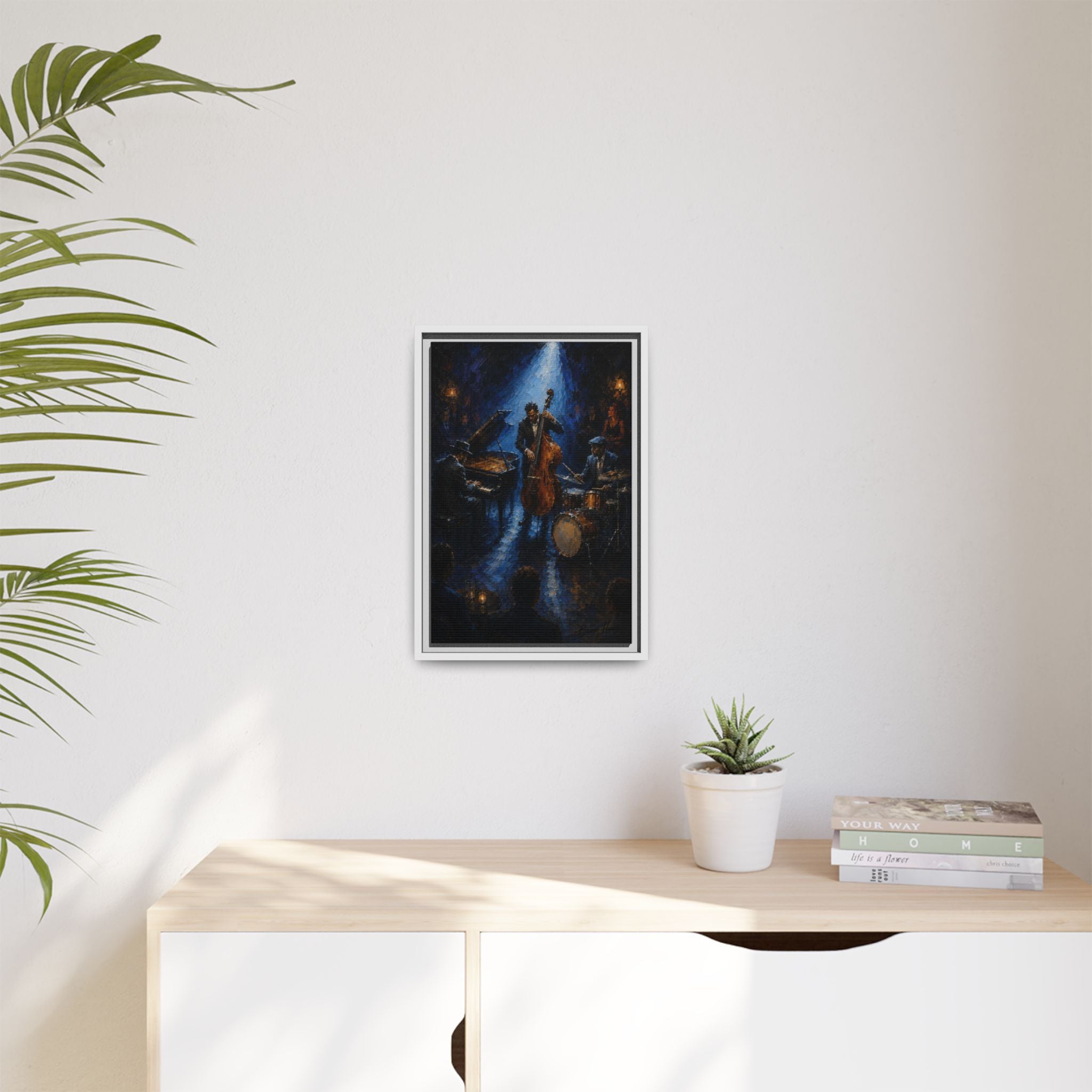Framed Jazz Quartet Canvas Wall Art – Moody Blue Music Scene