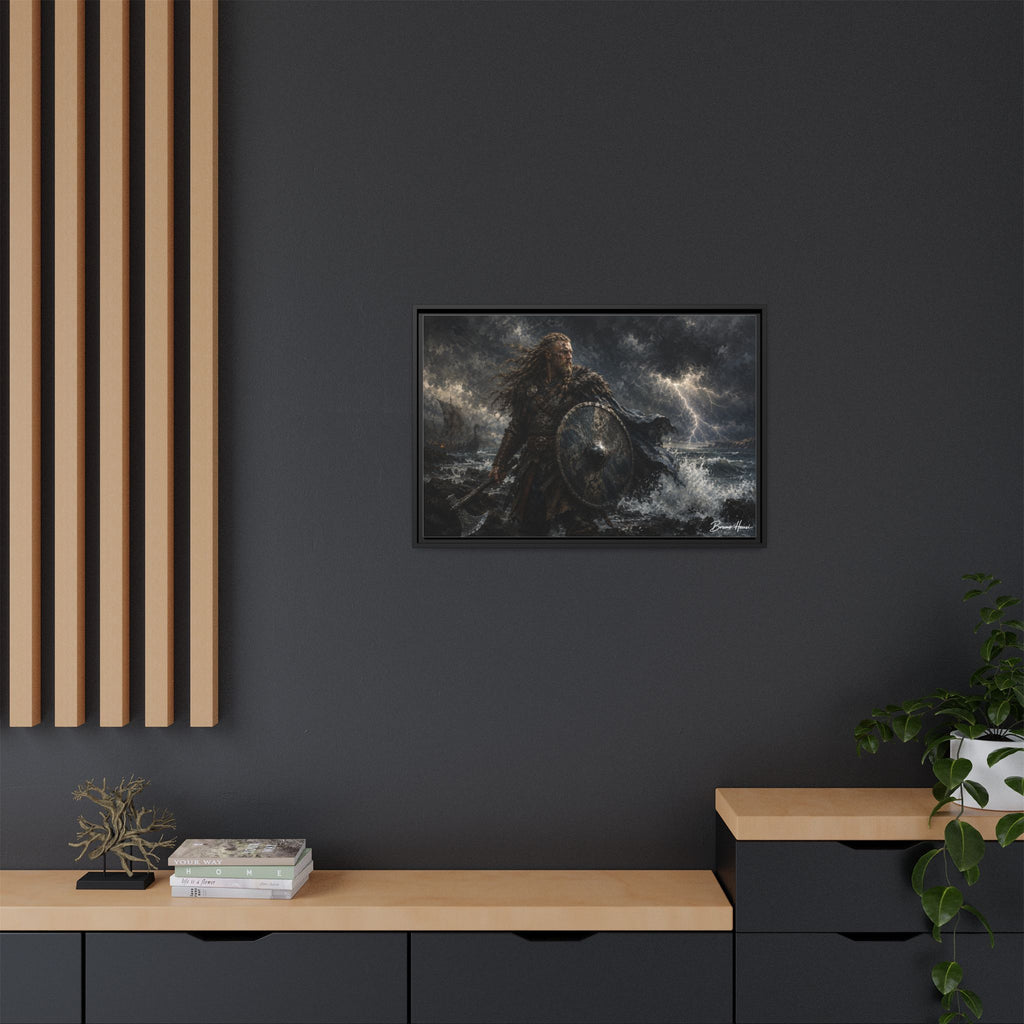 Viking Warrior Matte Framed Canvas Print — Stormy Norse Shield and Axe Wall Art