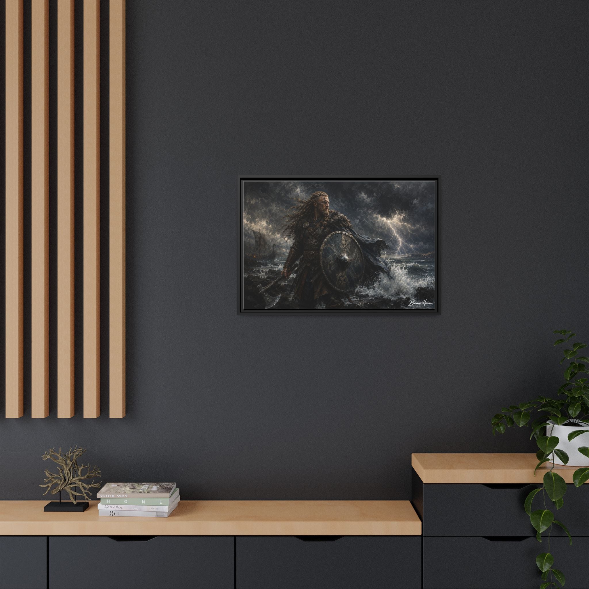 Viking Warrior Matte Framed Canvas Print — Stormy Norse Shield and Axe Wall Art