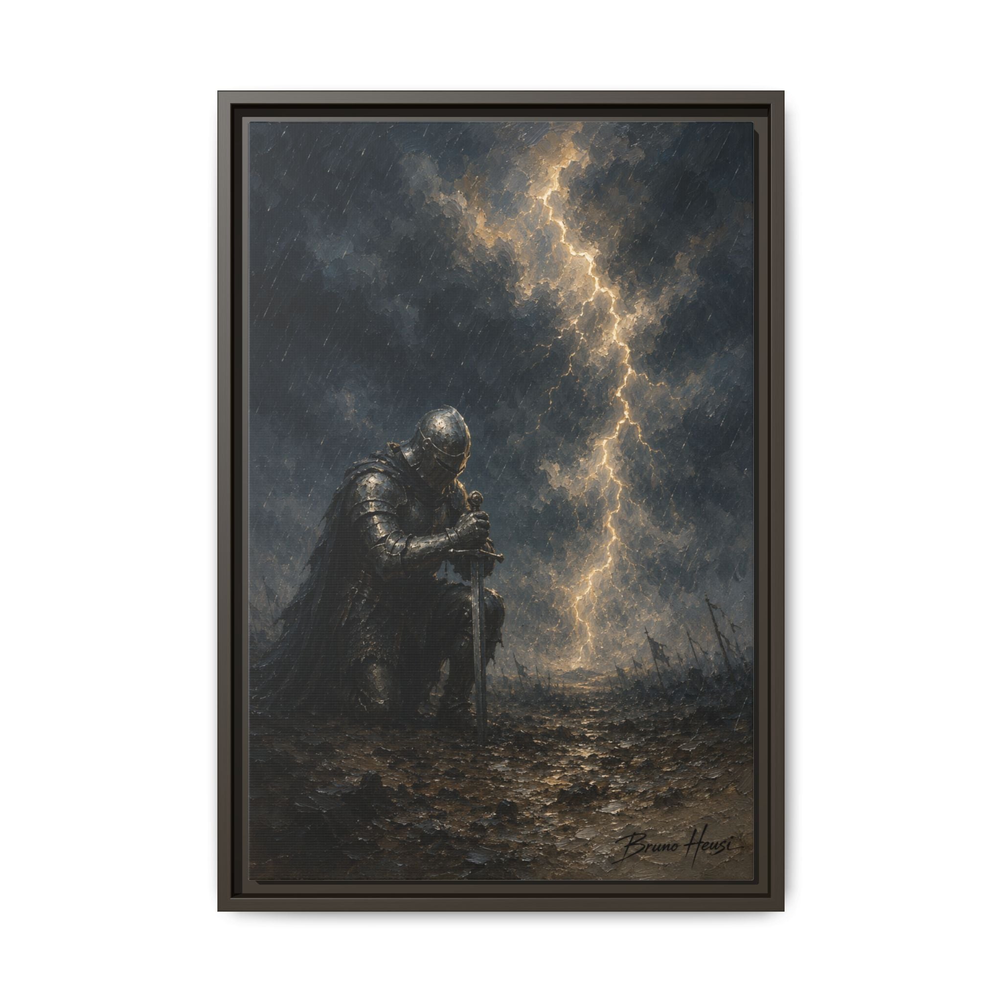 Knight in Thunderstorm Matte Framed Canvas — Dark Fantasy Wall Art