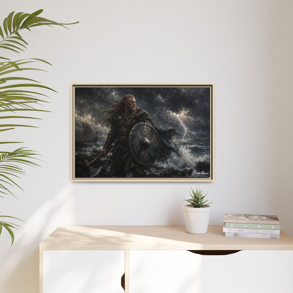 Viking Warrior Matte Framed Canvas Print — Stormy Norse Shield and Axe Wall Art