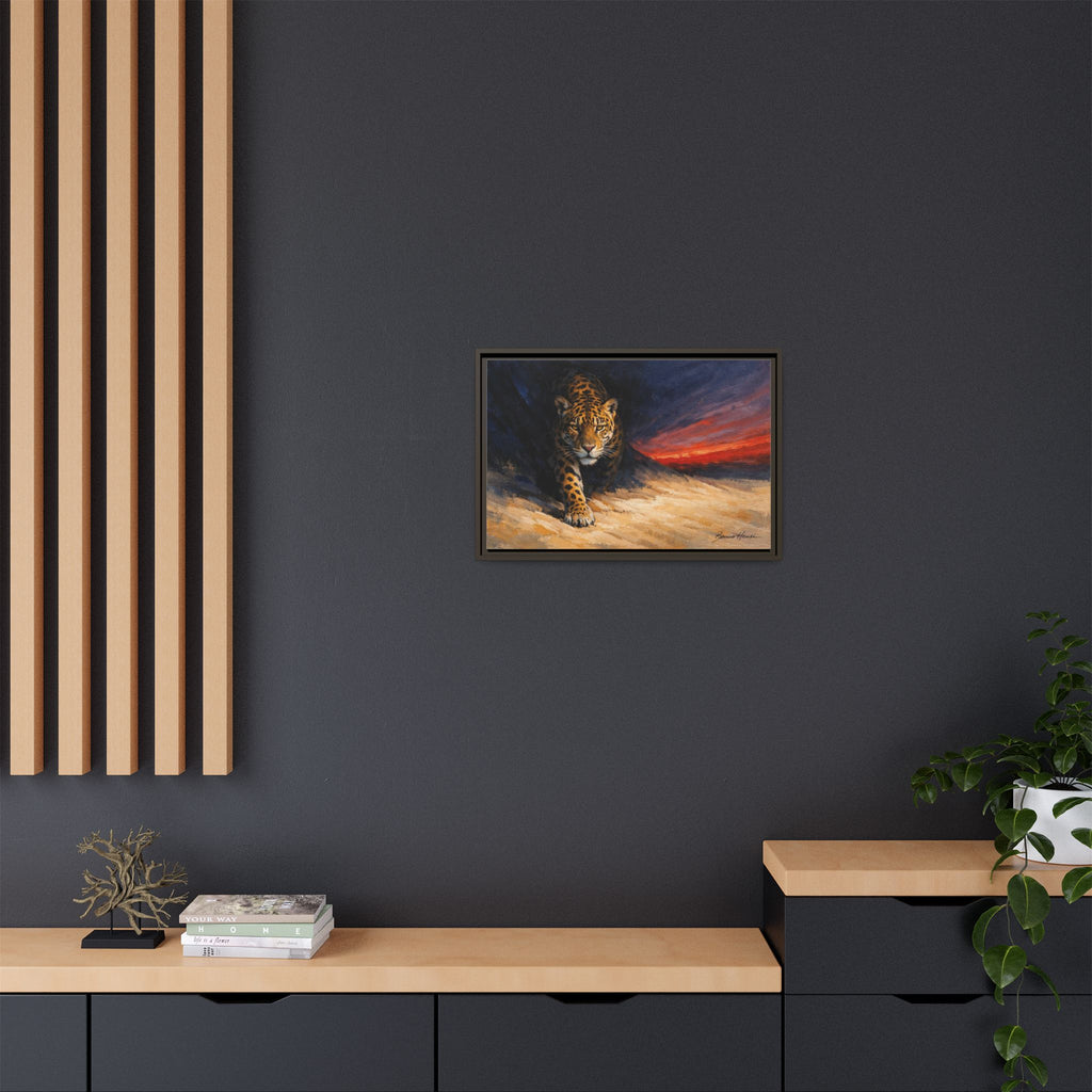 Framed Jaguar Canvas Art – Majestic Big Cat Painting with Sunset Sky