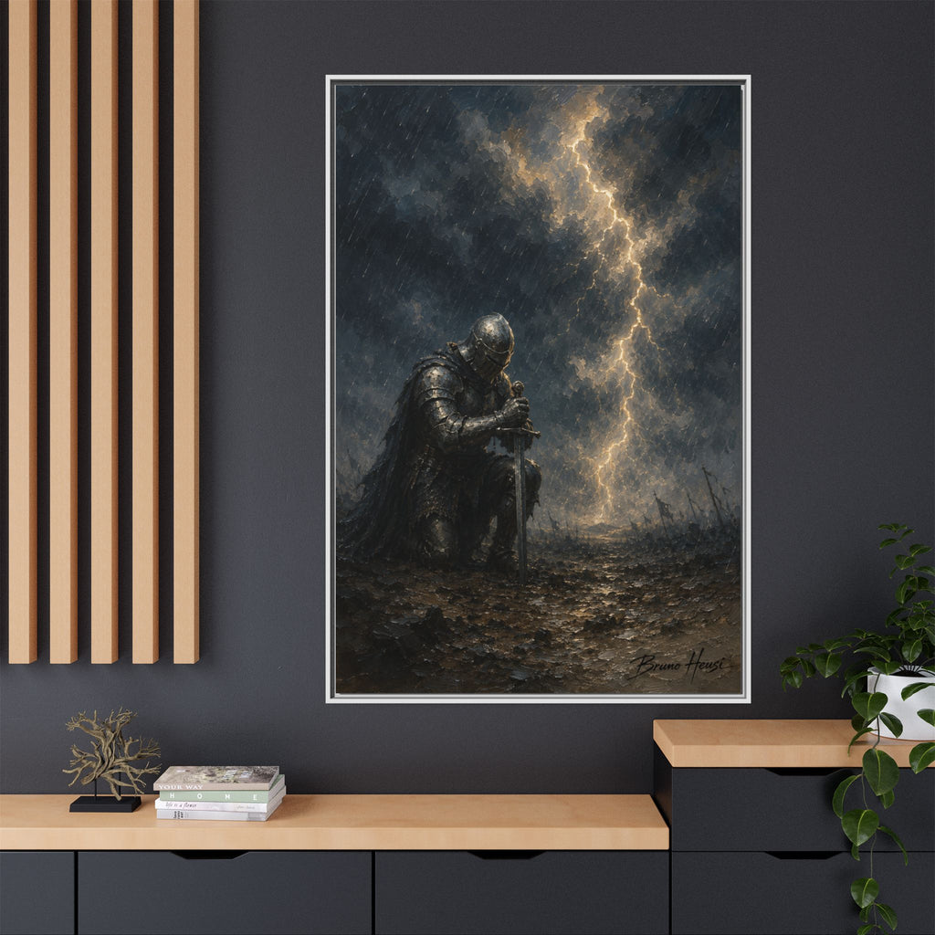 Knight in Thunderstorm Matte Framed Canvas — Dark Fantasy Wall Art