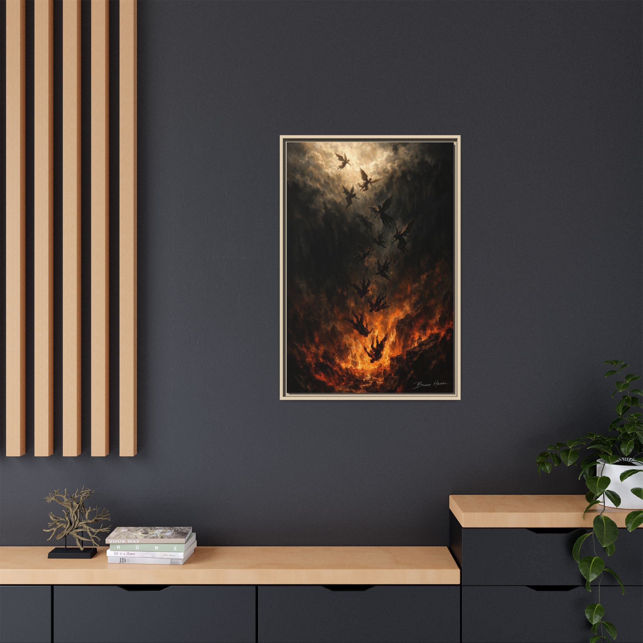 Falling Angels Matte Framed Canvas Print — Dark Fantasy Wall Art