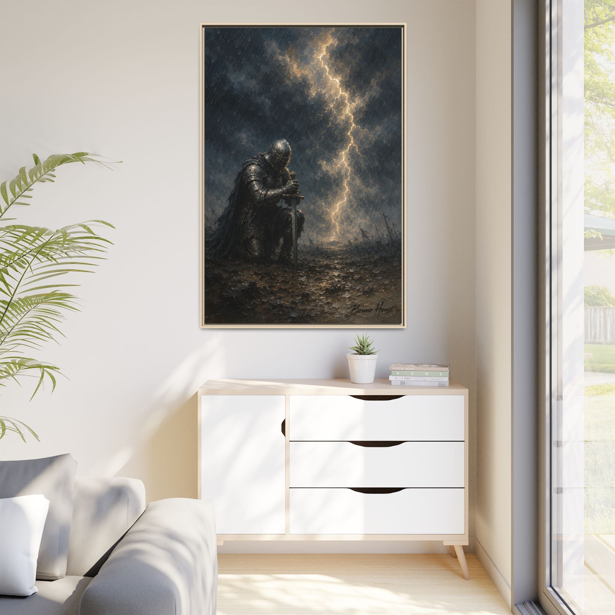 Knight in Thunderstorm Matte Framed Canvas — Dark Fantasy Wall Art