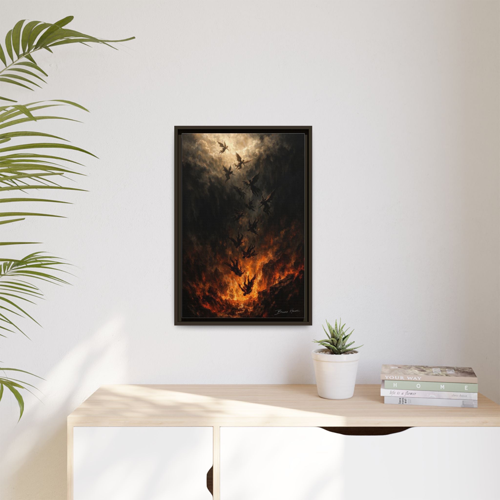 Falling Angels Matte Framed Canvas Print — Dark Fantasy Wall Art