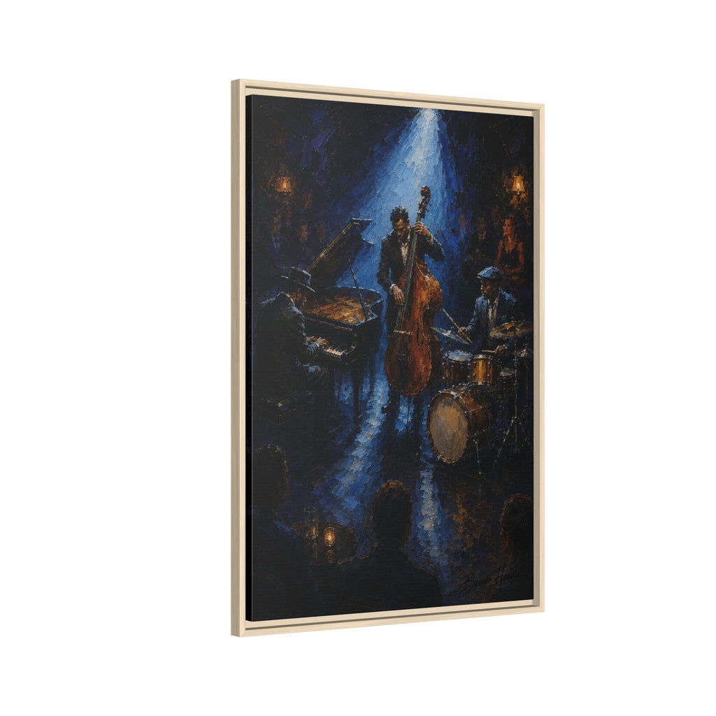 Framed Jazz Quartet Canvas Wall Art – Moody Blue Music Scene