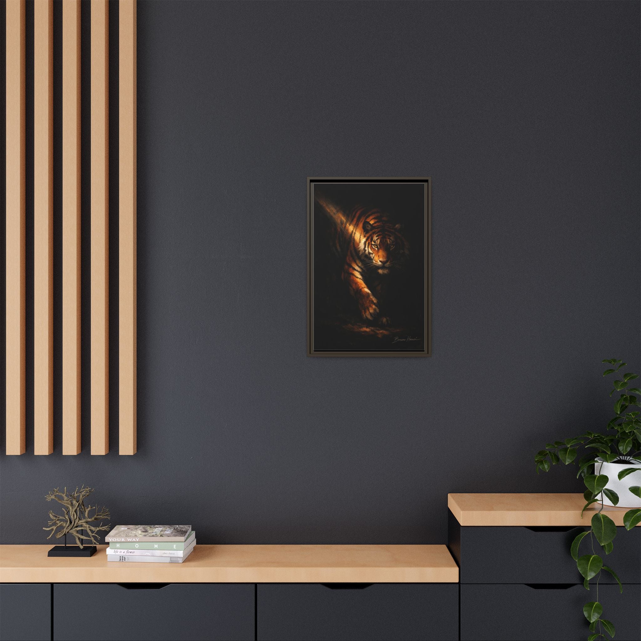 Tiger in the Shadows Matte Framed Canvas Print — Dramatic Wildlife Wall Art