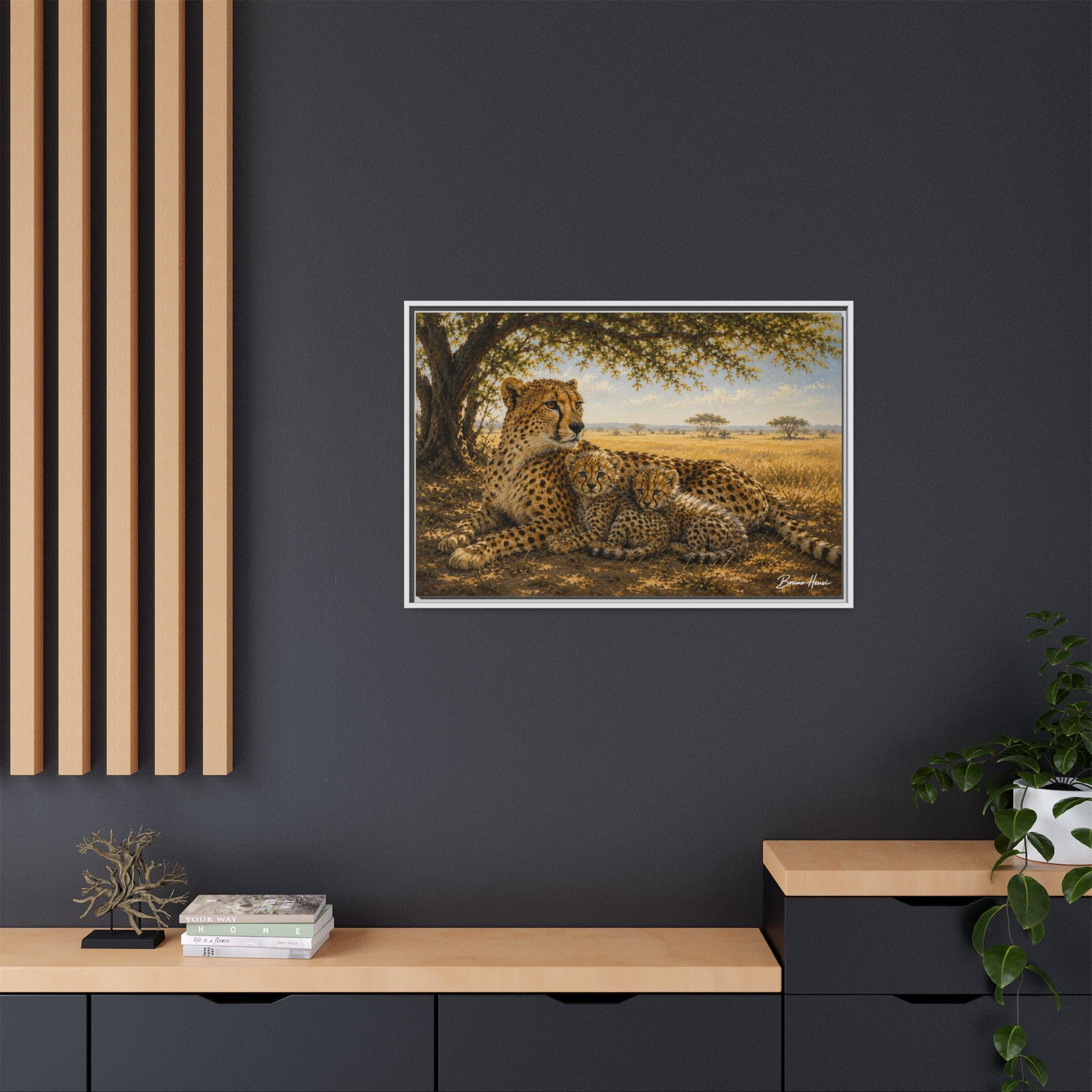 Cheetah Mother & Cubs Framed Canvas Wall Art – African Wildlife Safari Print