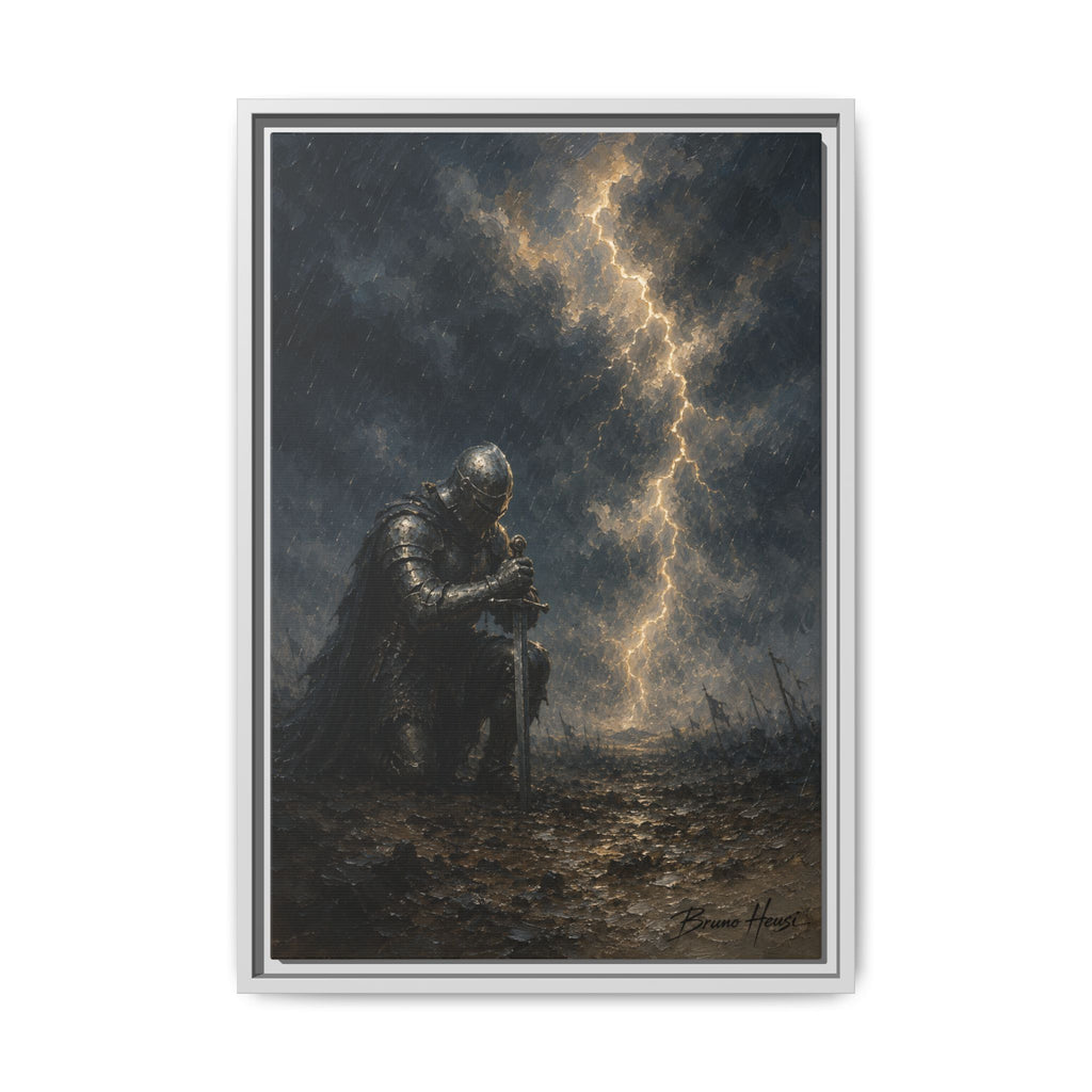 Knight in Thunderstorm Matte Framed Canvas — Dark Fantasy Wall Art