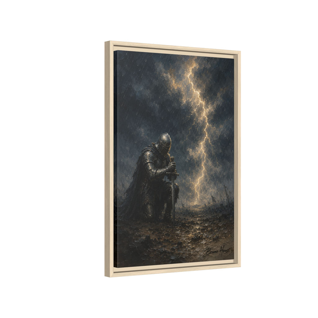 Knight in Thunderstorm Matte Framed Canvas — Dark Fantasy Wall Art