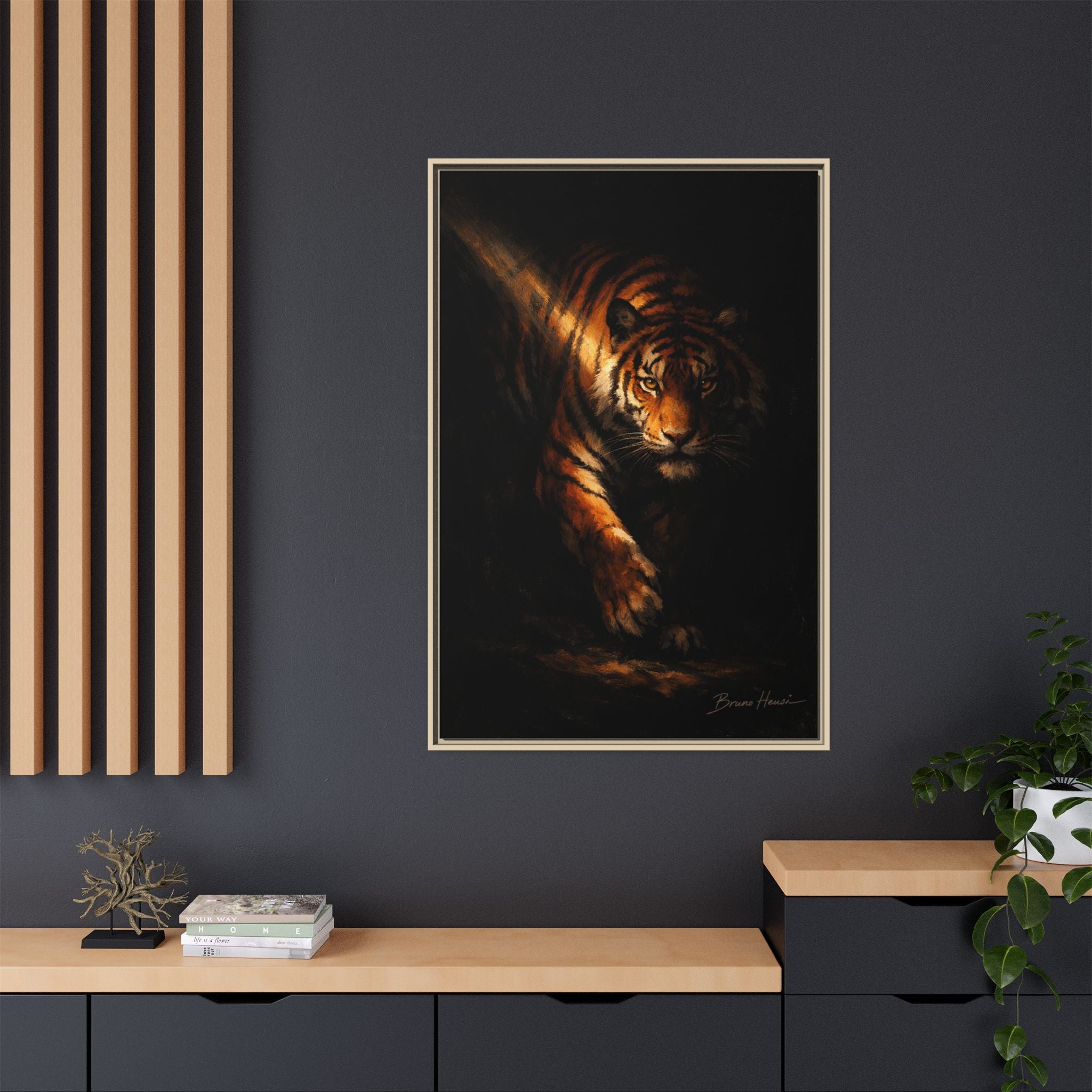 Tiger in the Shadows Matte Framed Canvas Print — Dramatic Wildlife Wall Art