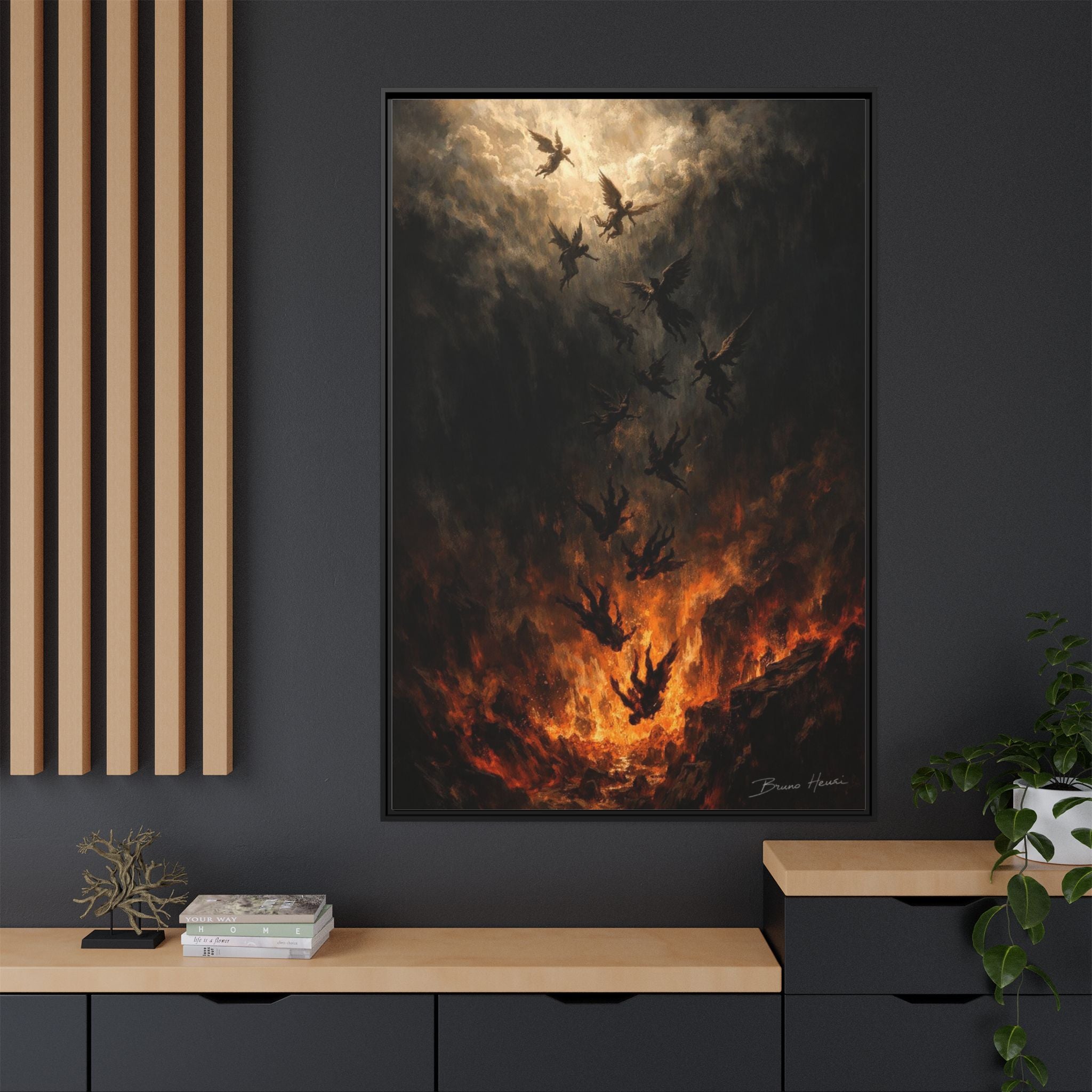 Falling Angels Matte Framed Canvas Print — Dark Fantasy Wall Art