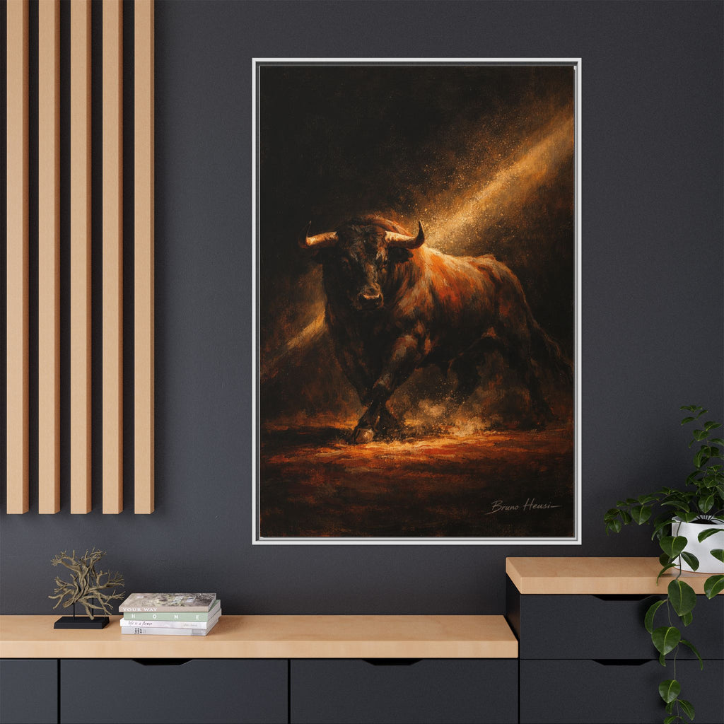 Framed Matte Canvas Art - Dramatic Charging Bull Painting
