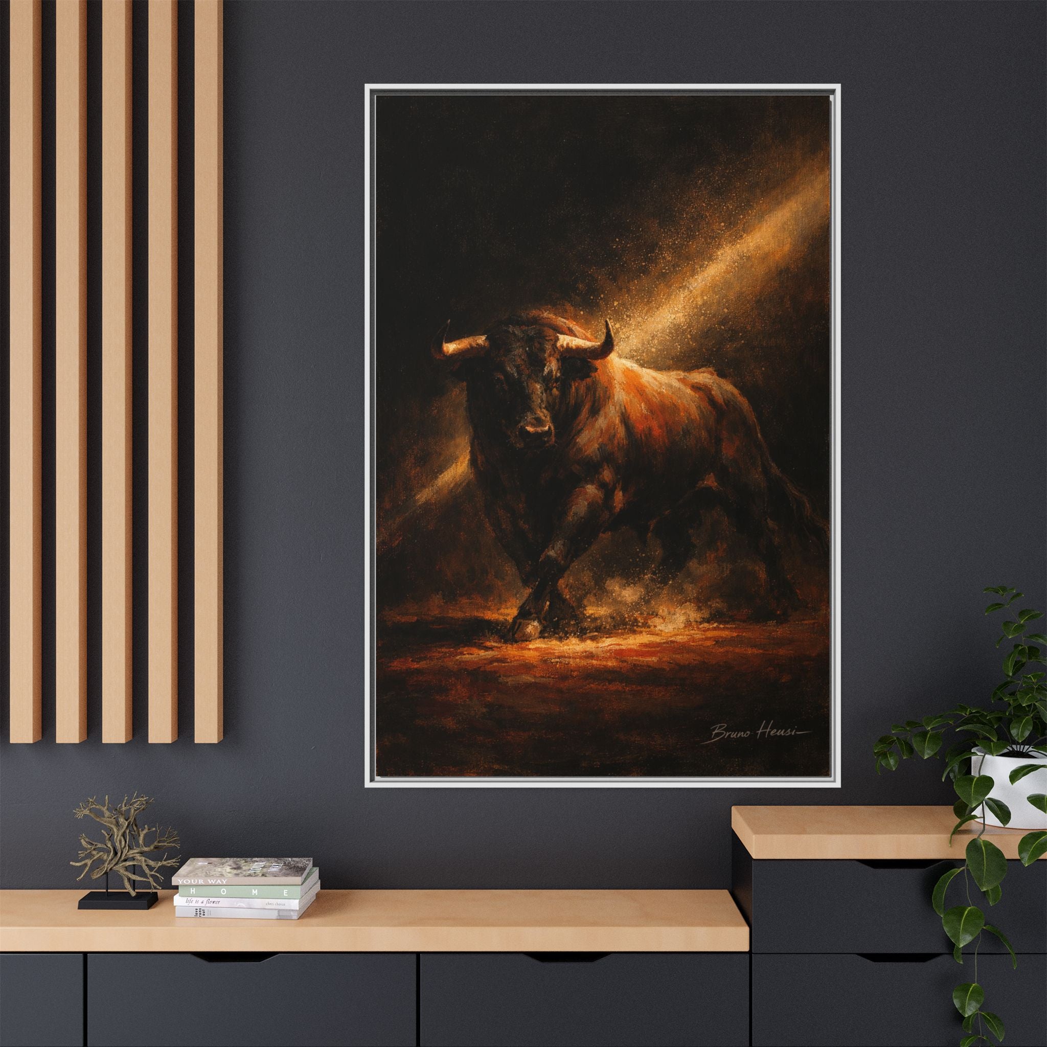 Framed Matte Canvas Art - Dramatic Charging Bull Painting