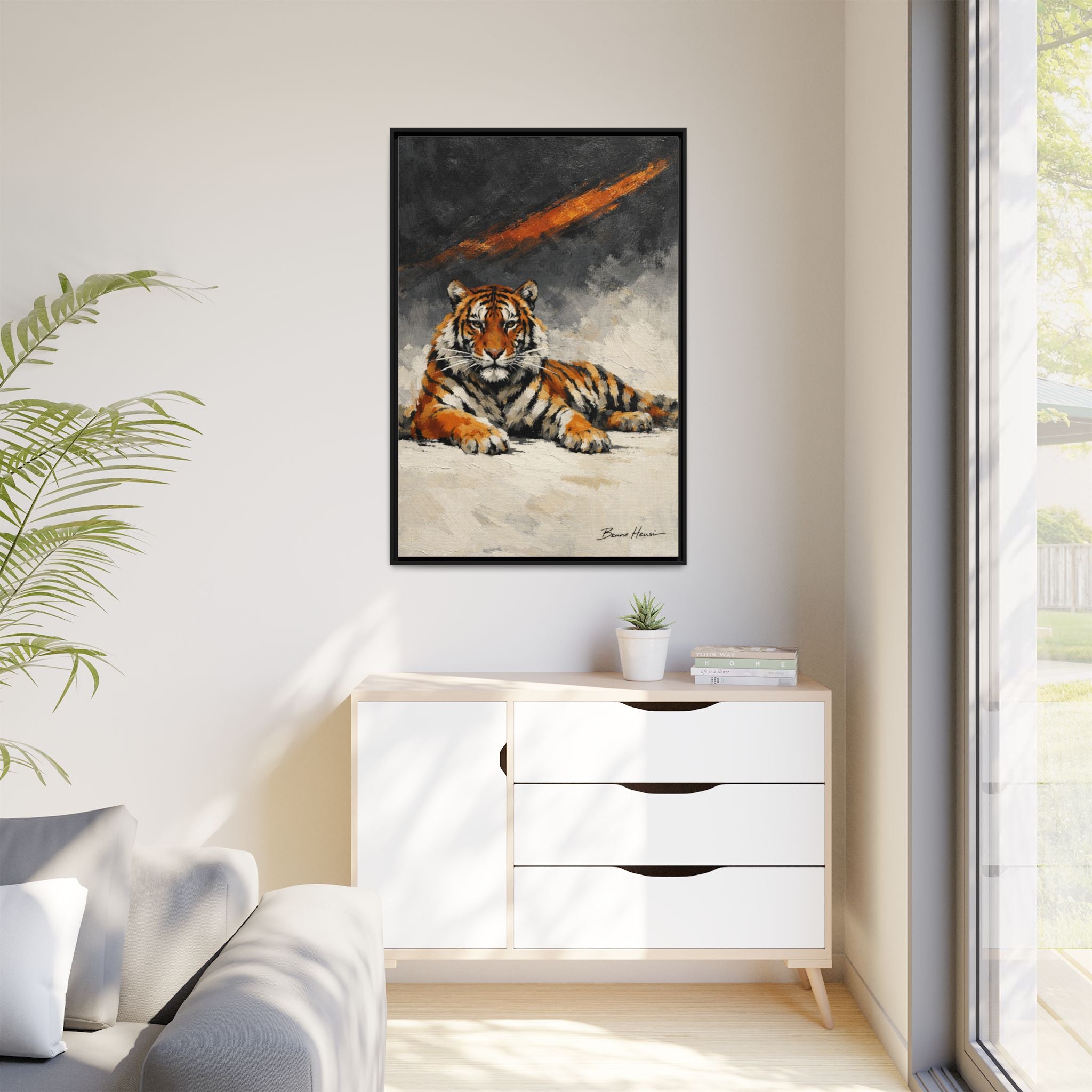 Framed Tiger Canvas Wall Art — Majestic Orange & Gray Matte Print