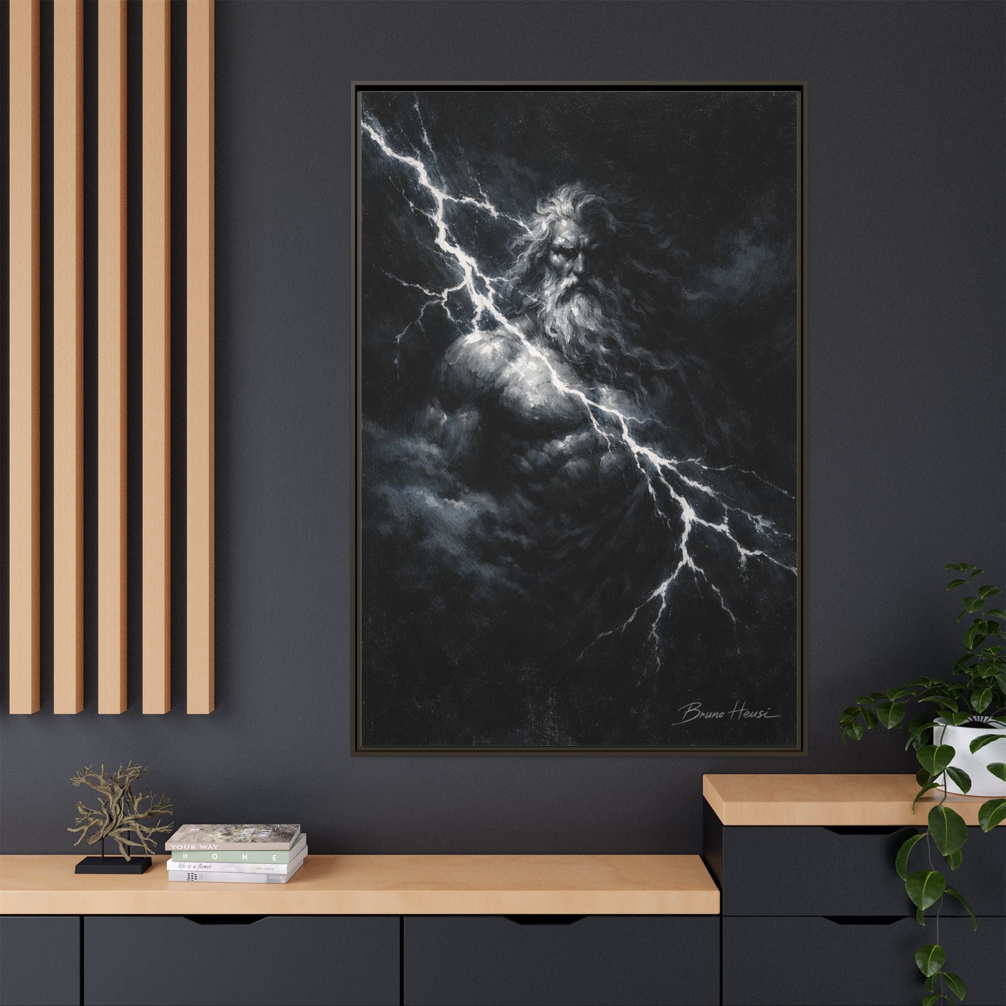 Zeus Lightning God Framed Canvas Wall Art — Stormy Mythology Print