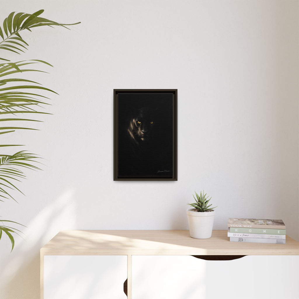 Framed Matte Canvas - Black Panther Wall Art with Golden Eyes