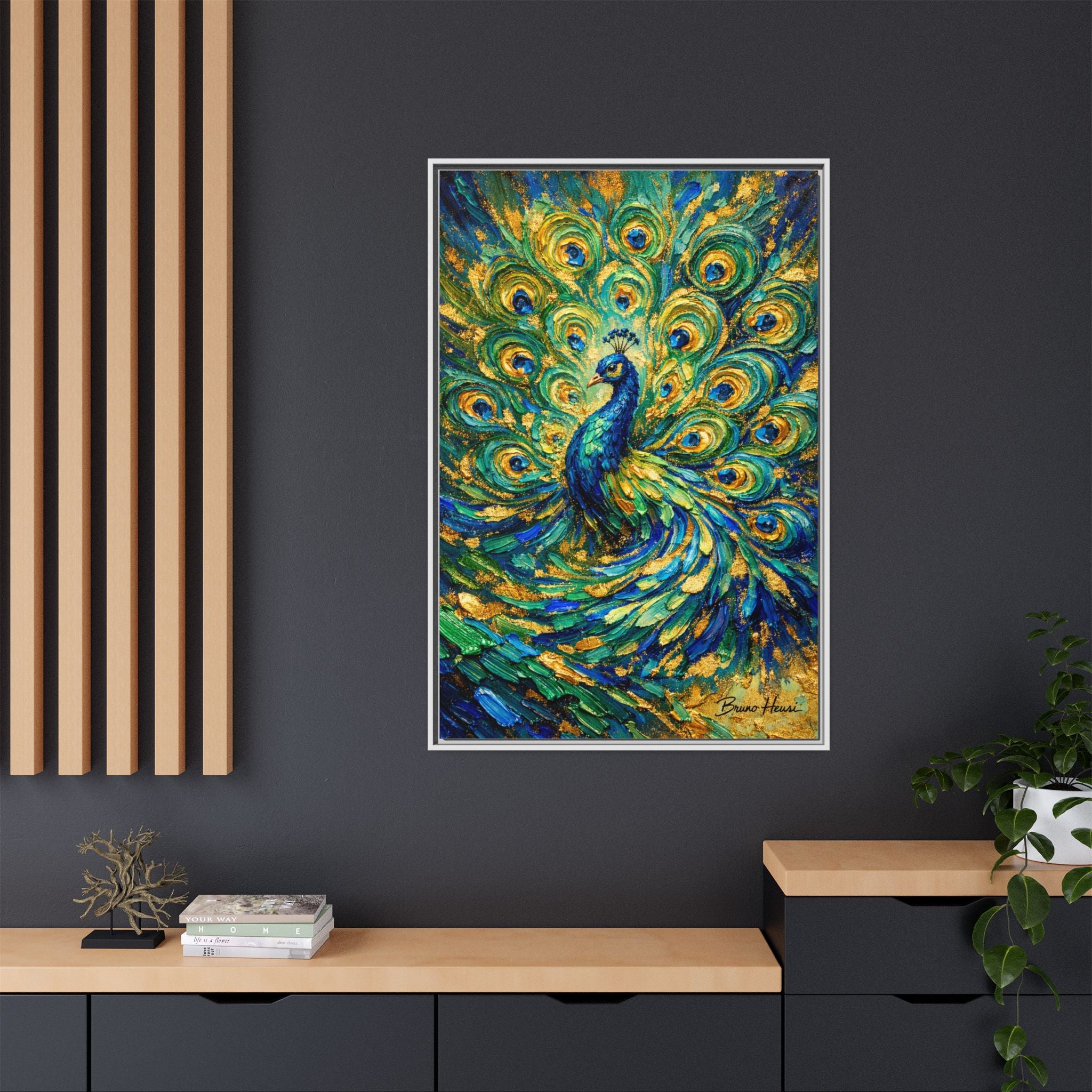 Peacock Oil-Style Framed Canvas Wall Art — Vibrant Blue & Gold Peacock Painting
