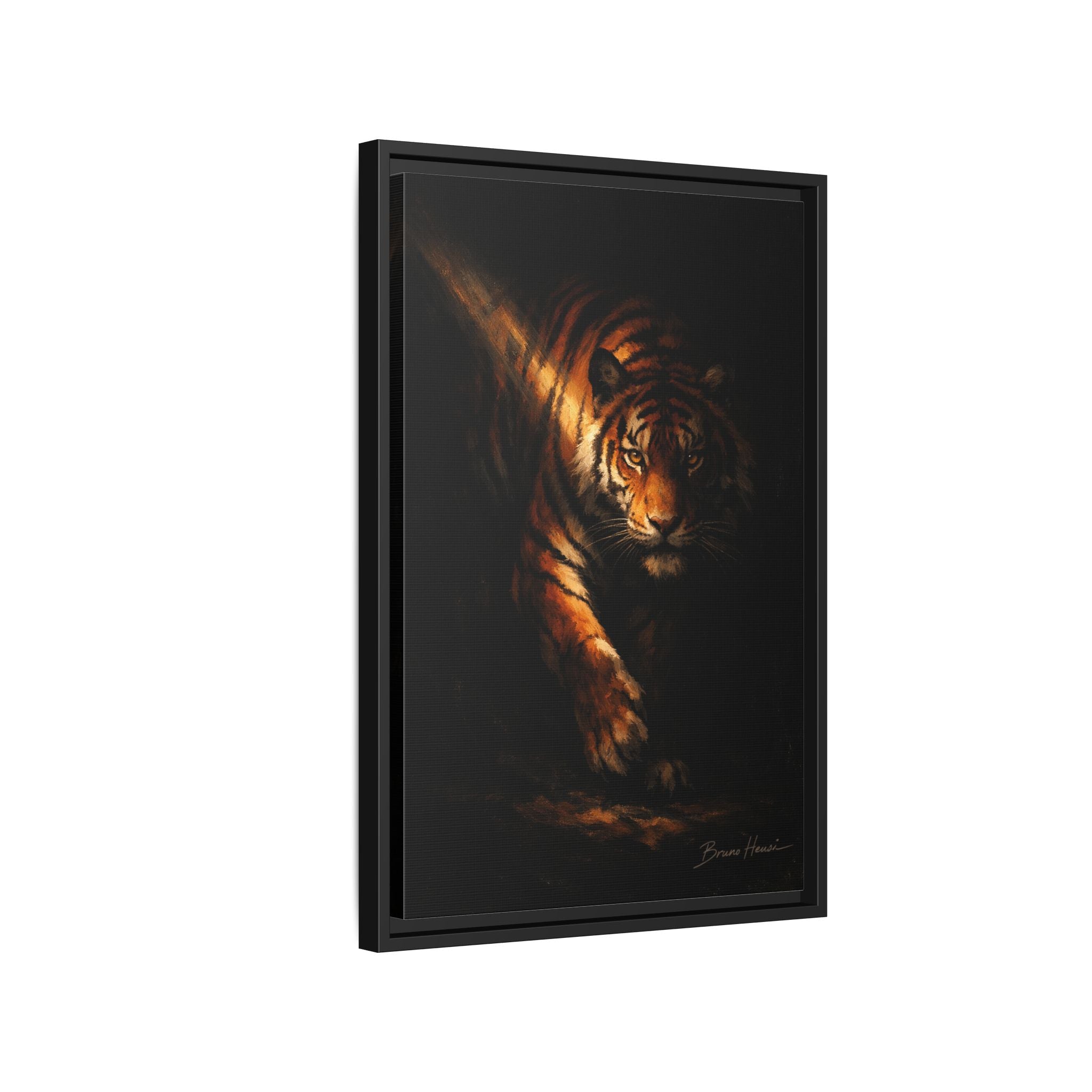 Tiger in the Shadows Matte Framed Canvas Print — Dramatic Wildlife Wall Art