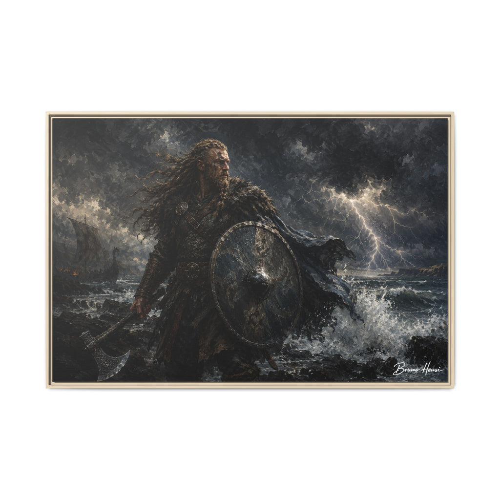 Viking Warrior Matte Framed Canvas Print — Stormy Norse Shield and Axe Wall Art