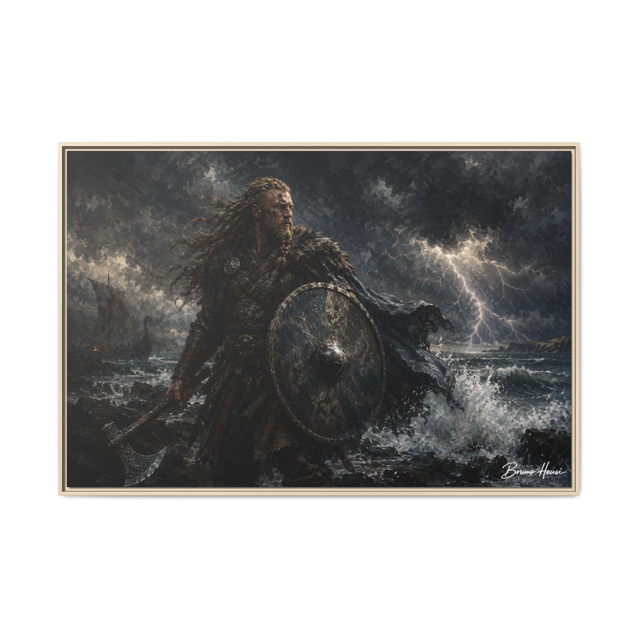 Viking Warrior Matte Framed Canvas Print — Stormy Norse Shield and Axe Wall Art