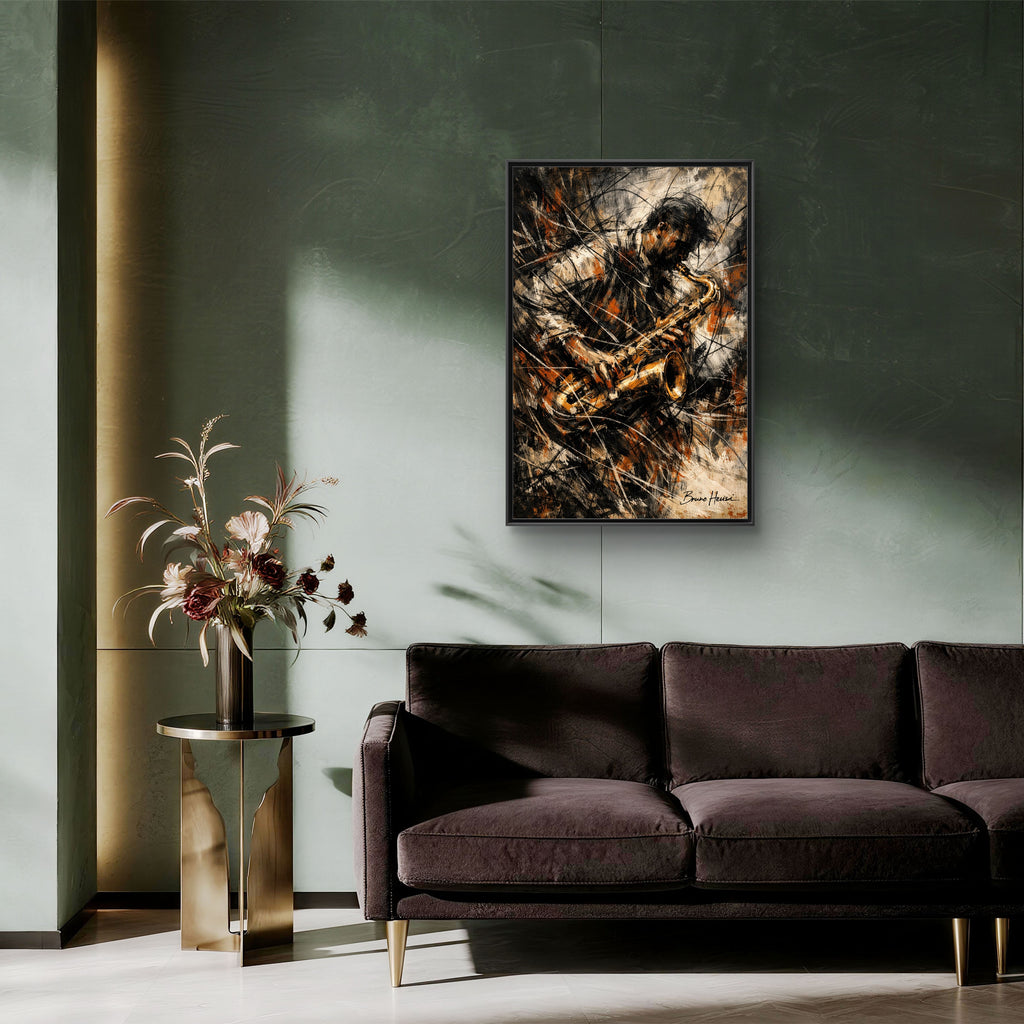 Saxophone Jazz Musician Framed Canvas Wall Art — Abstract Music Print