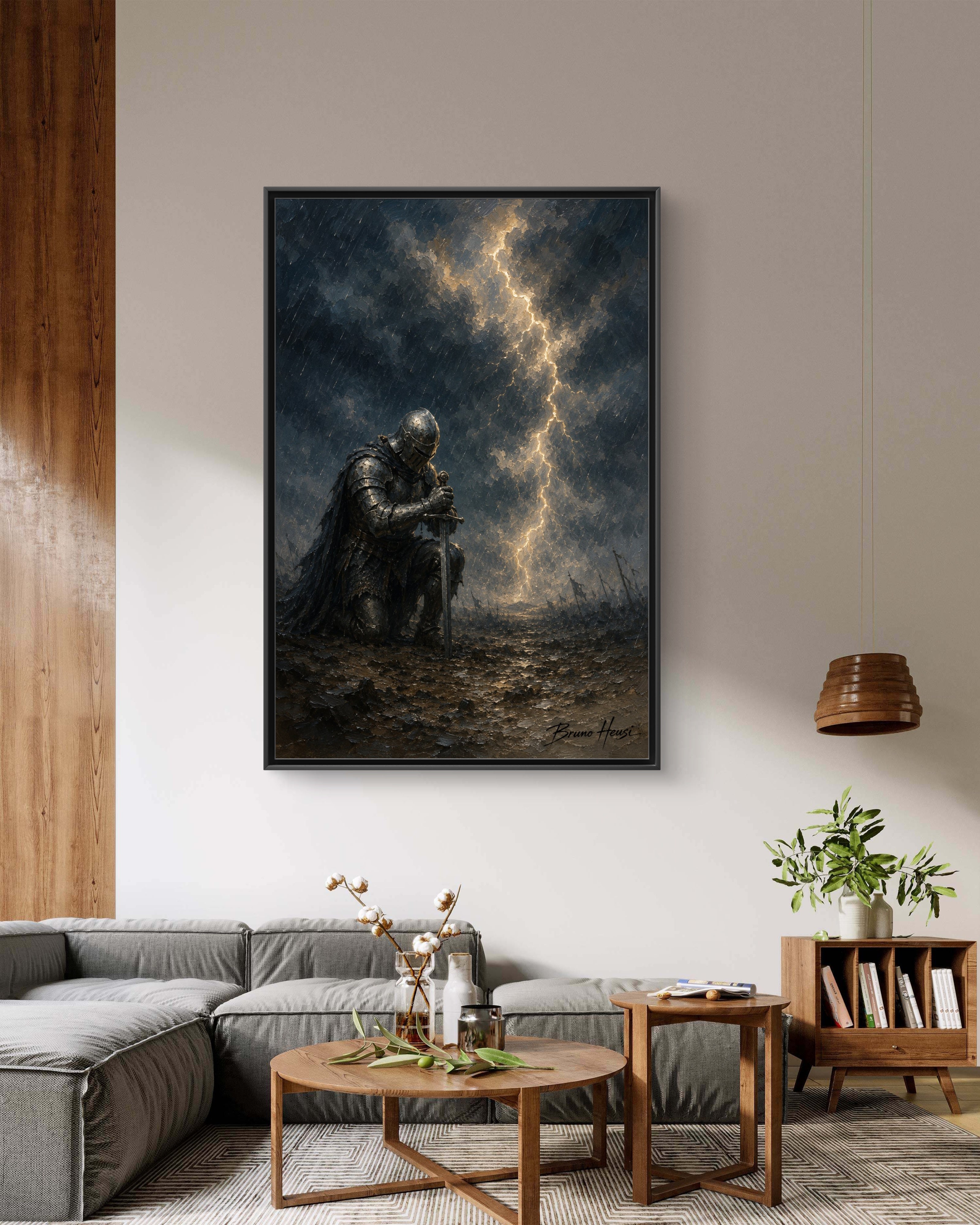 Knight in Thunderstorm Matte Framed Canvas — Dark Fantasy Wall Art
