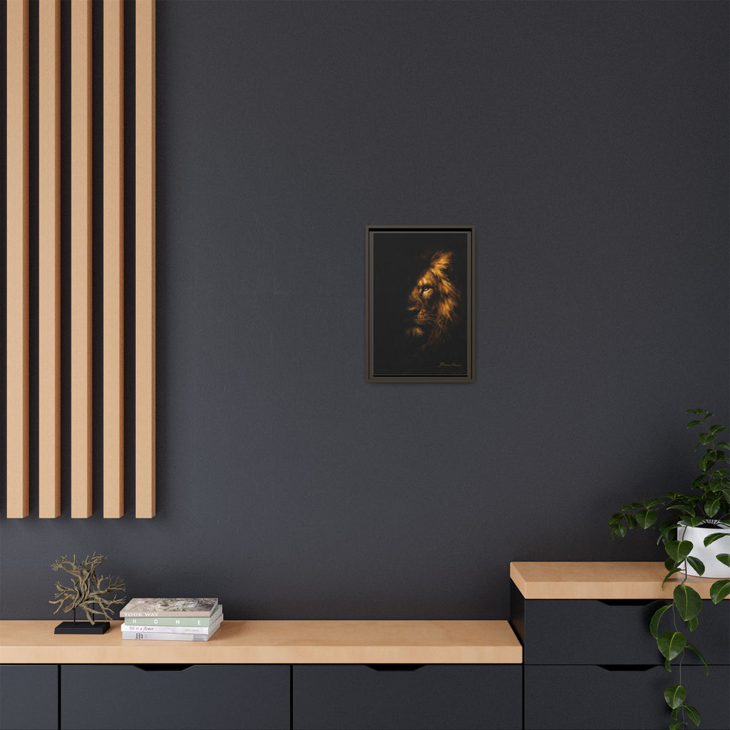Majestic Lion Portrait Framed Canvas Wall Art — Golden Mane on Black Matte Print