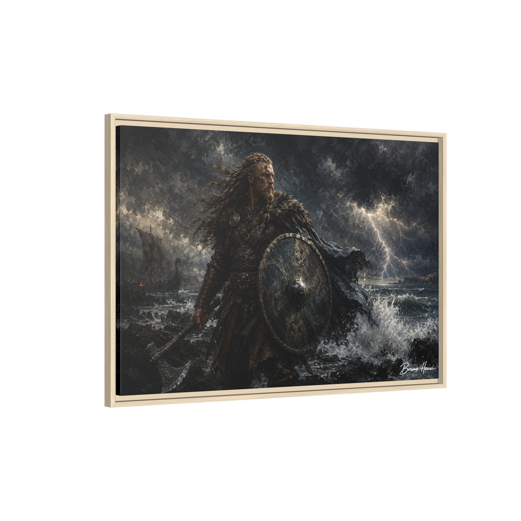 Viking Warrior Matte Framed Canvas Print — Stormy Norse Shield and Axe Wall Art