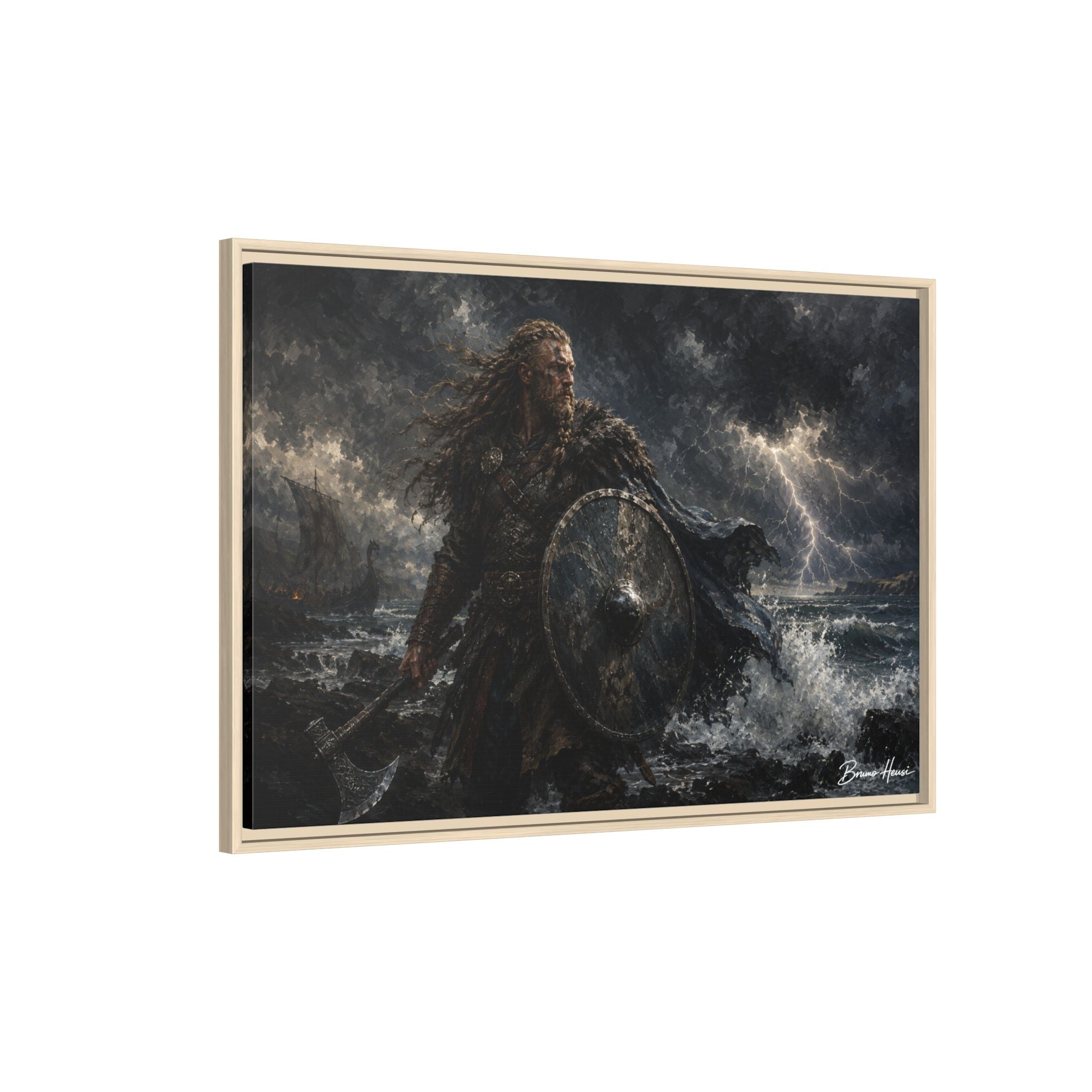 Viking Warrior Matte Framed Canvas Print — Stormy Norse Shield and Axe Wall Art