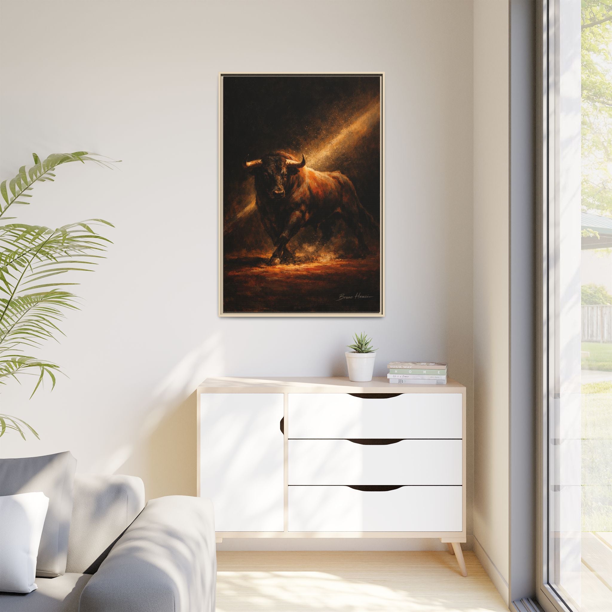 Framed Matte Canvas Art - Dramatic Charging Bull Painting