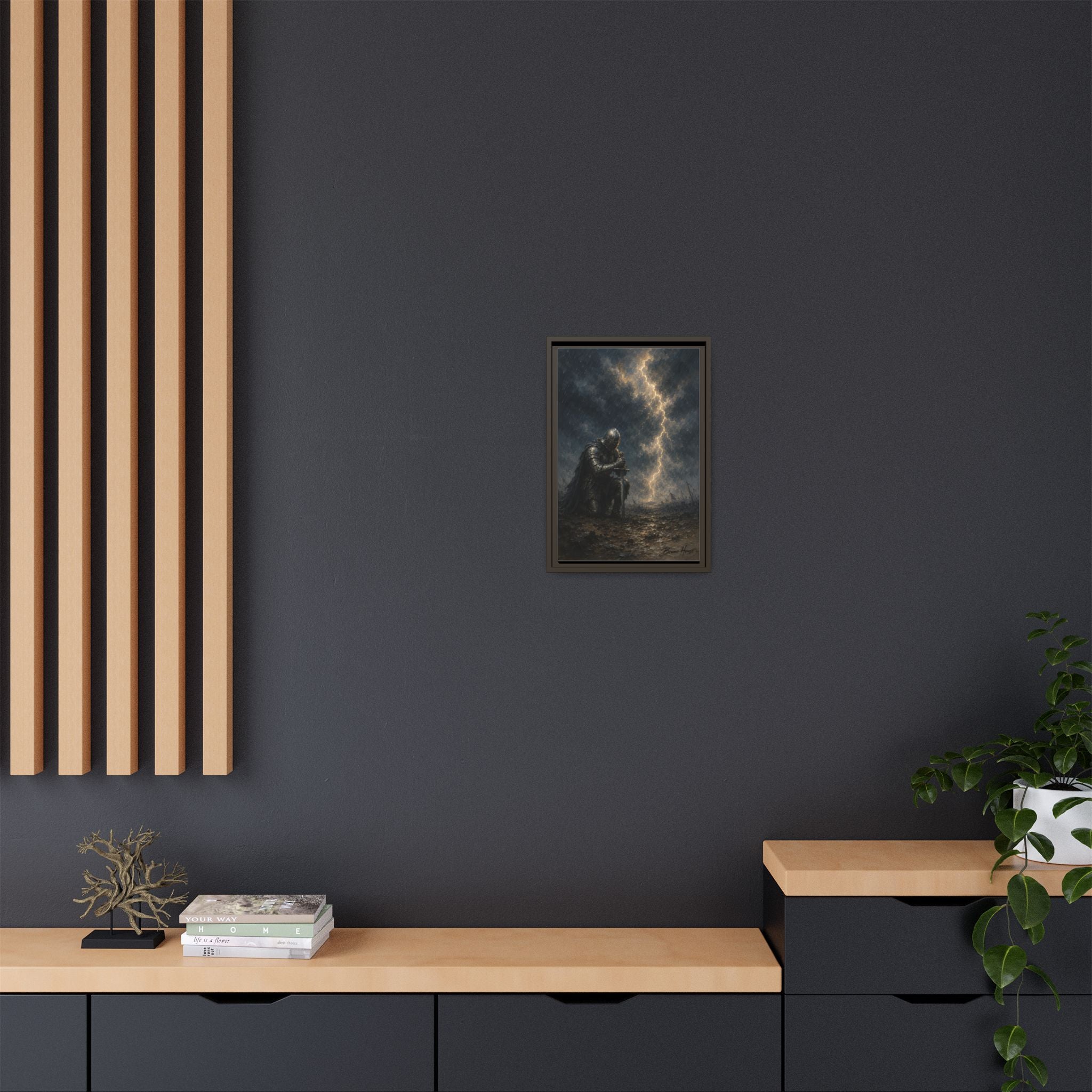 Knight in Thunderstorm Matte Framed Canvas — Dark Fantasy Wall Art