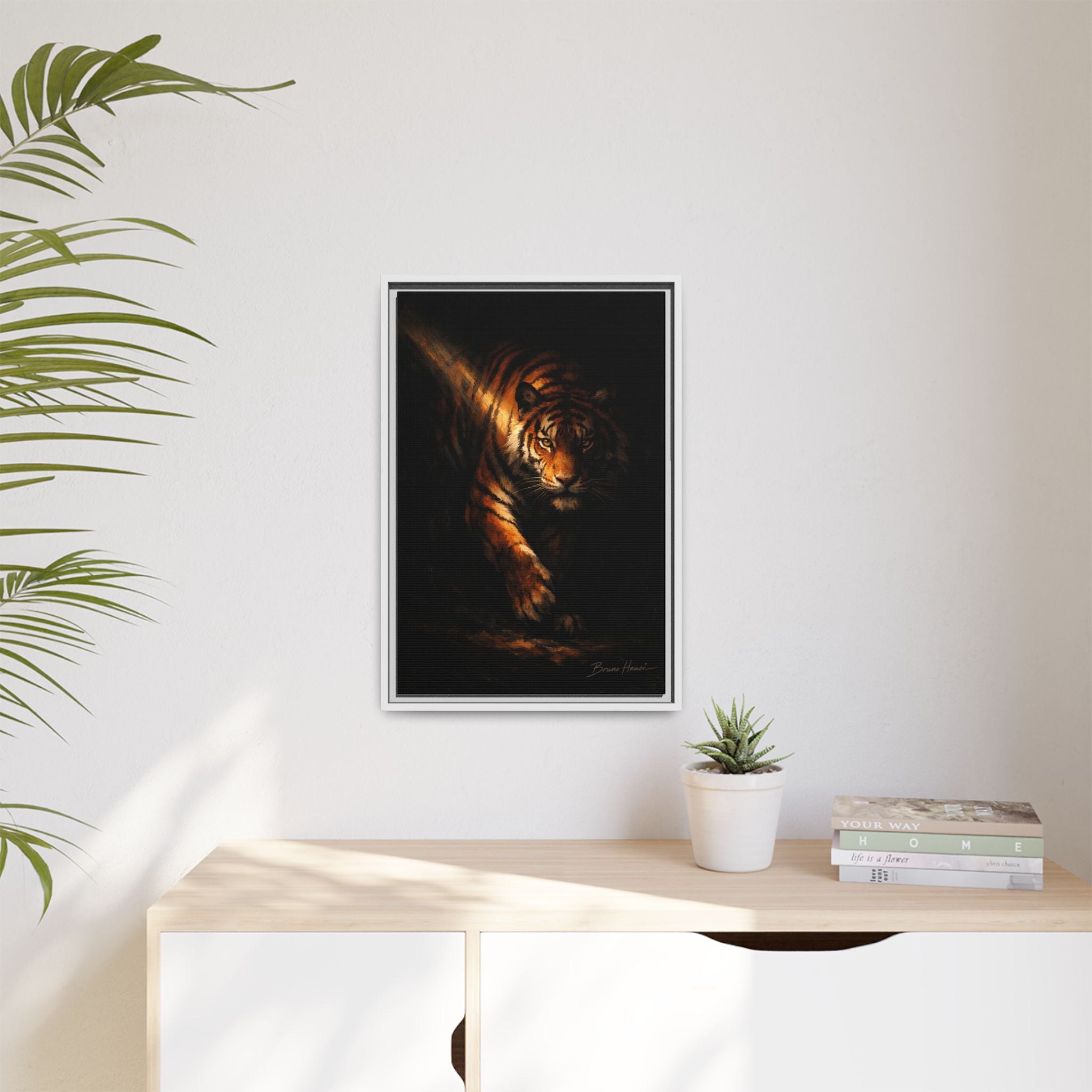 Tiger in the Shadows Matte Framed Canvas Print — Dramatic Wildlife Wall Art