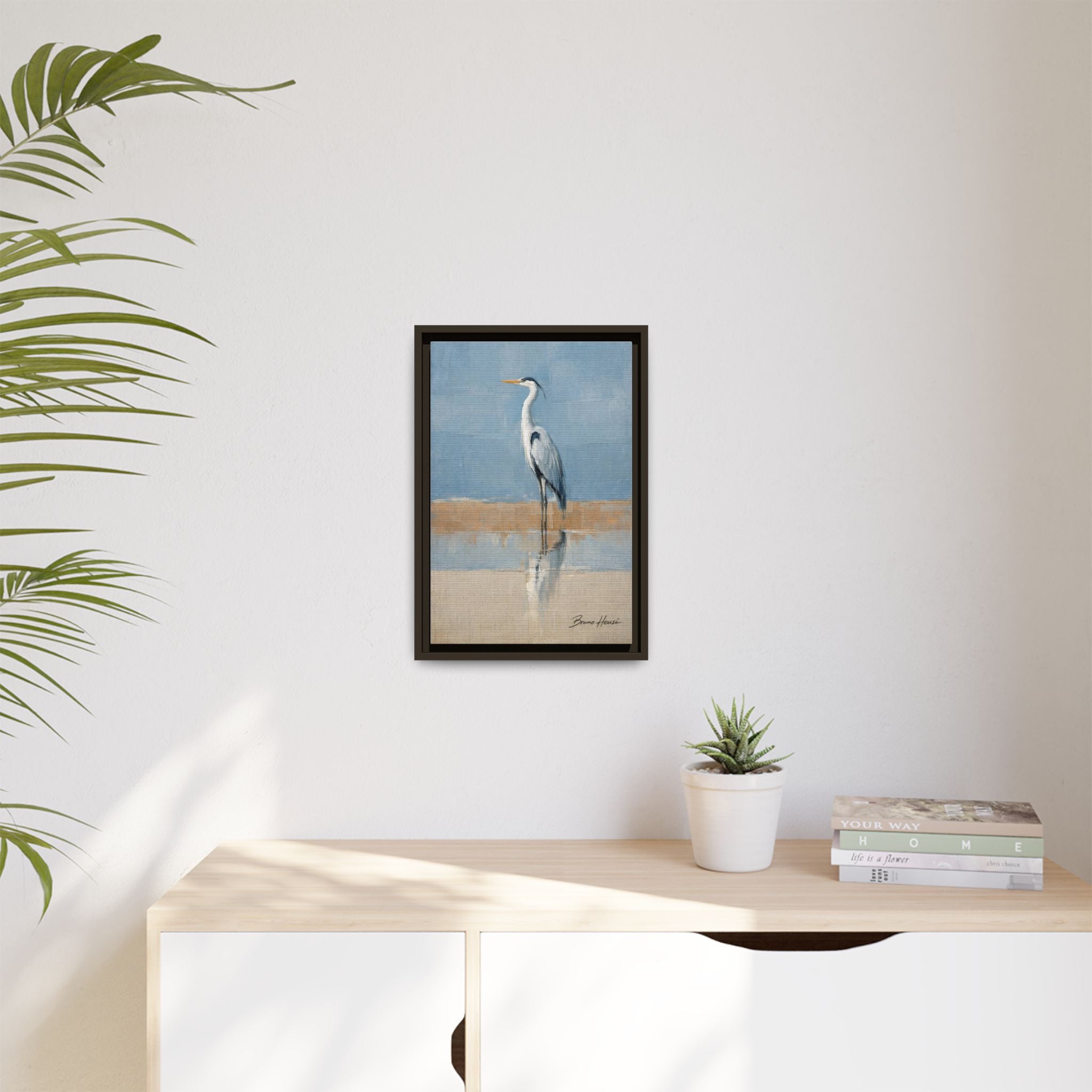 Framed Heron Canvas Art – Coastal Shorebird Wall Decor