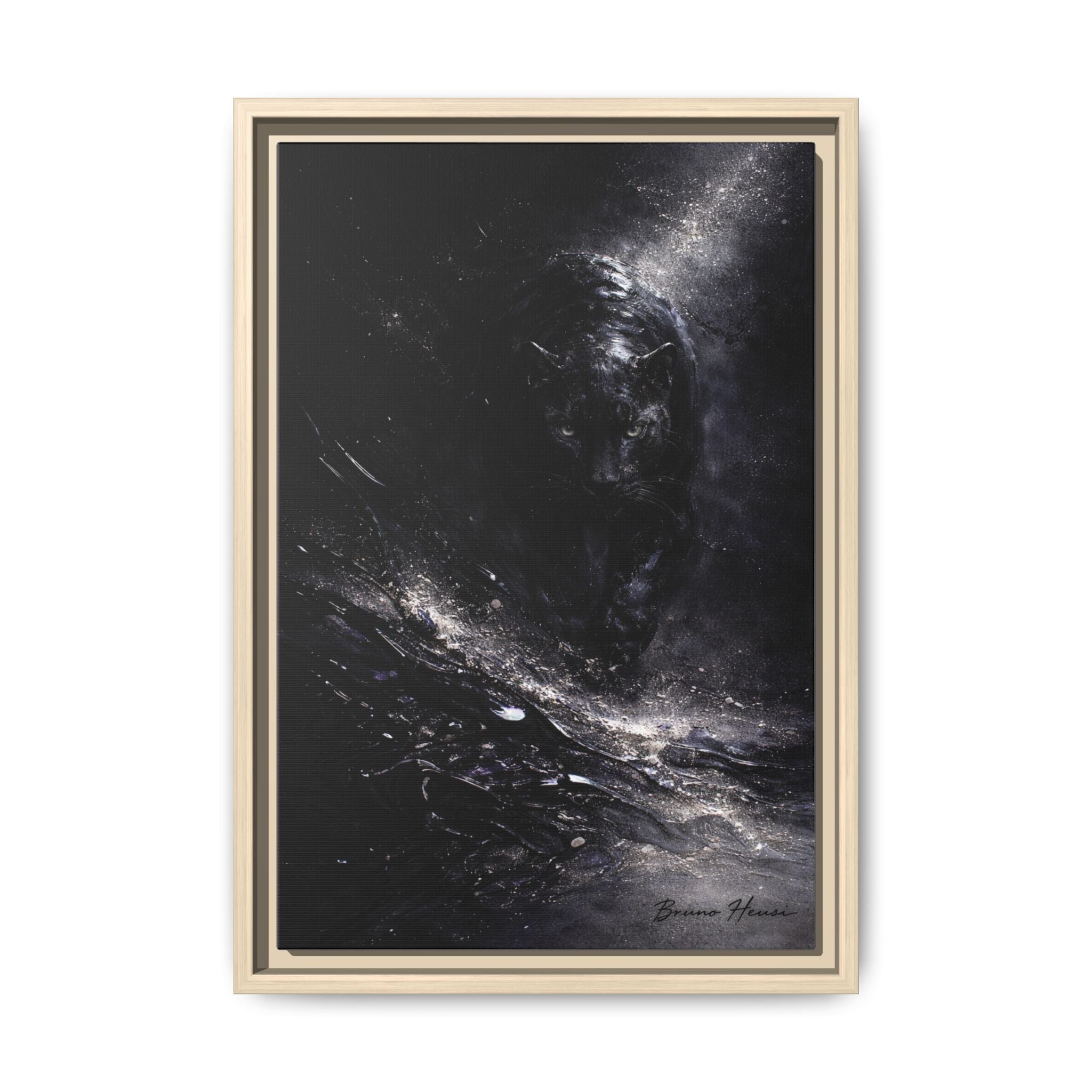 Cosmic Black Panther Matte Framed Canvas – Dark Abstract Wildlife Wall Art