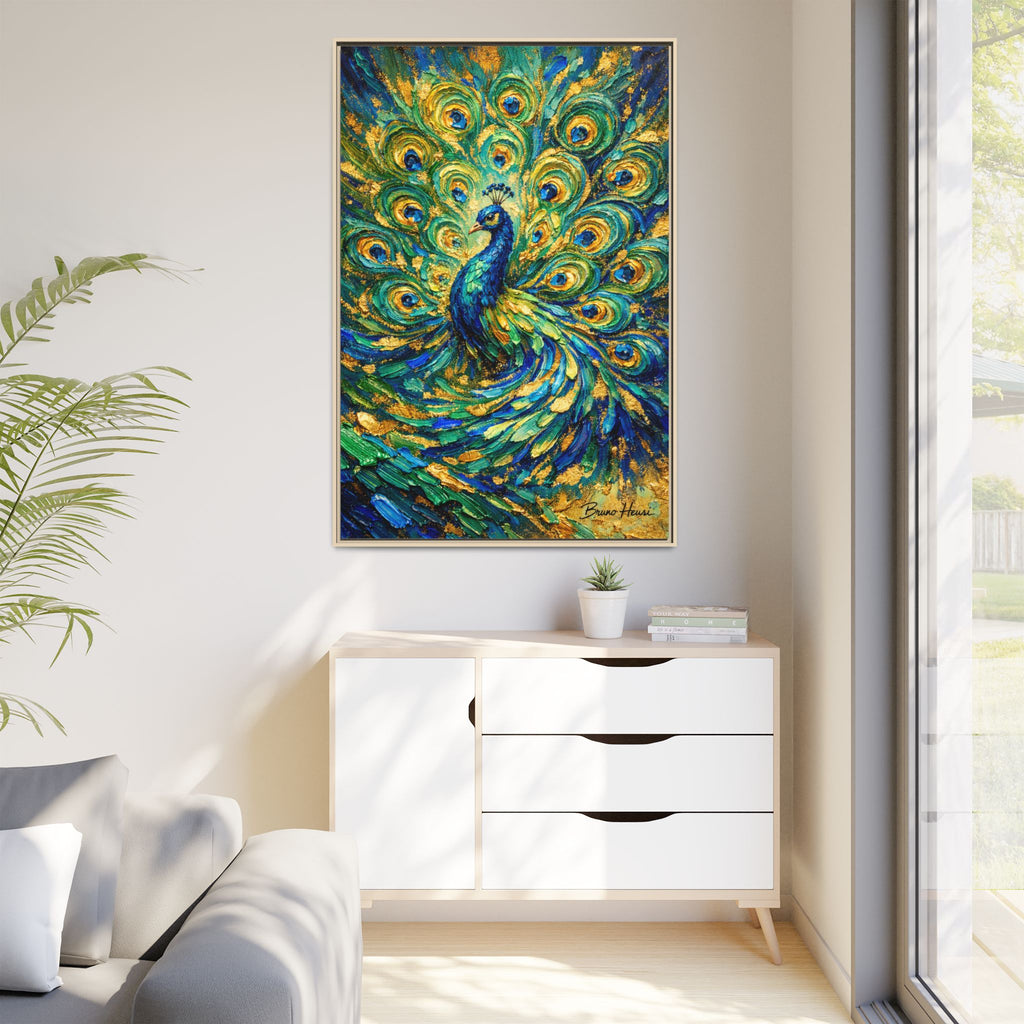 Peacock Oil-Style Framed Canvas Wall Art — Vibrant Blue & Gold Peacock Painting