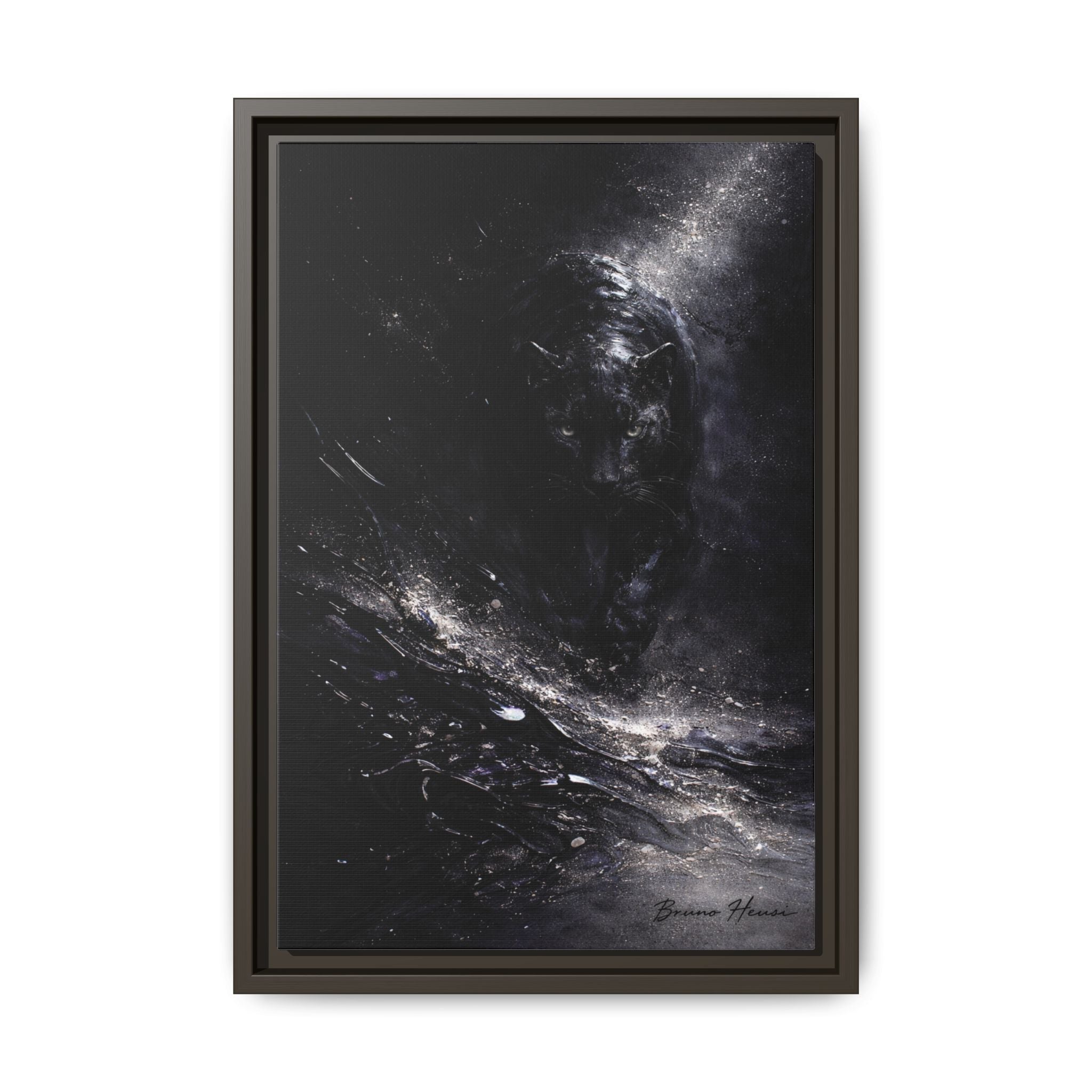 Cosmic Black Panther Matte Framed Canvas – Dark Abstract Wildlife Wall Art