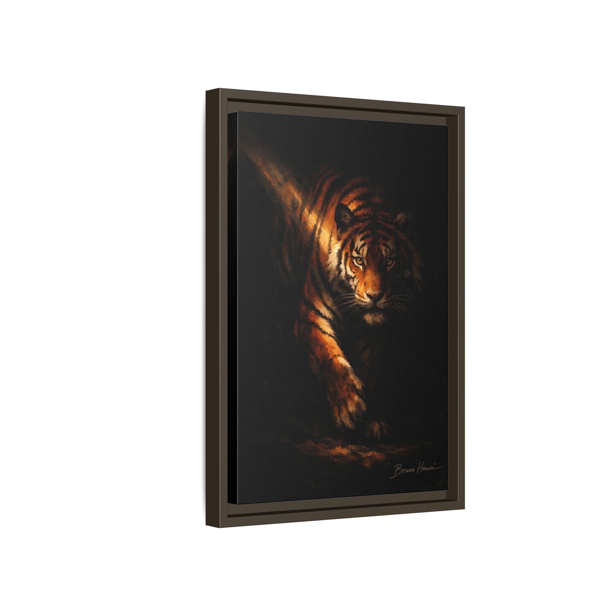 Tiger in the Shadows Matte Framed Canvas Print — Dramatic Wildlife Wall Art