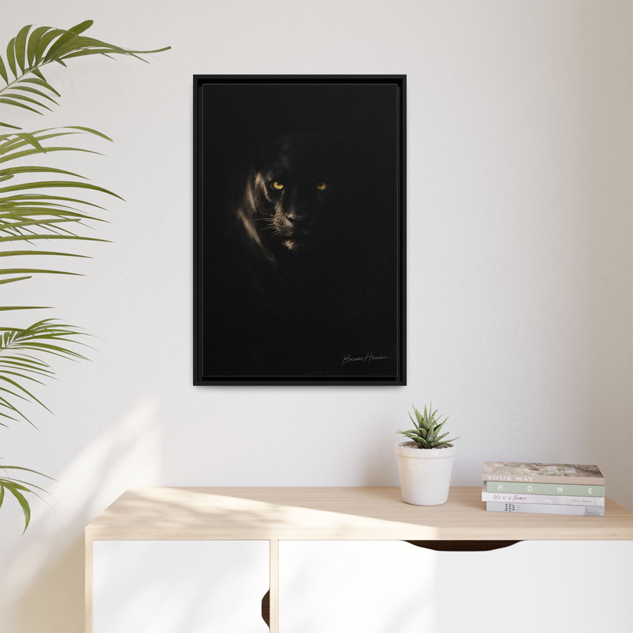 Framed Matte Canvas - Black Panther Wall Art with Golden Eyes