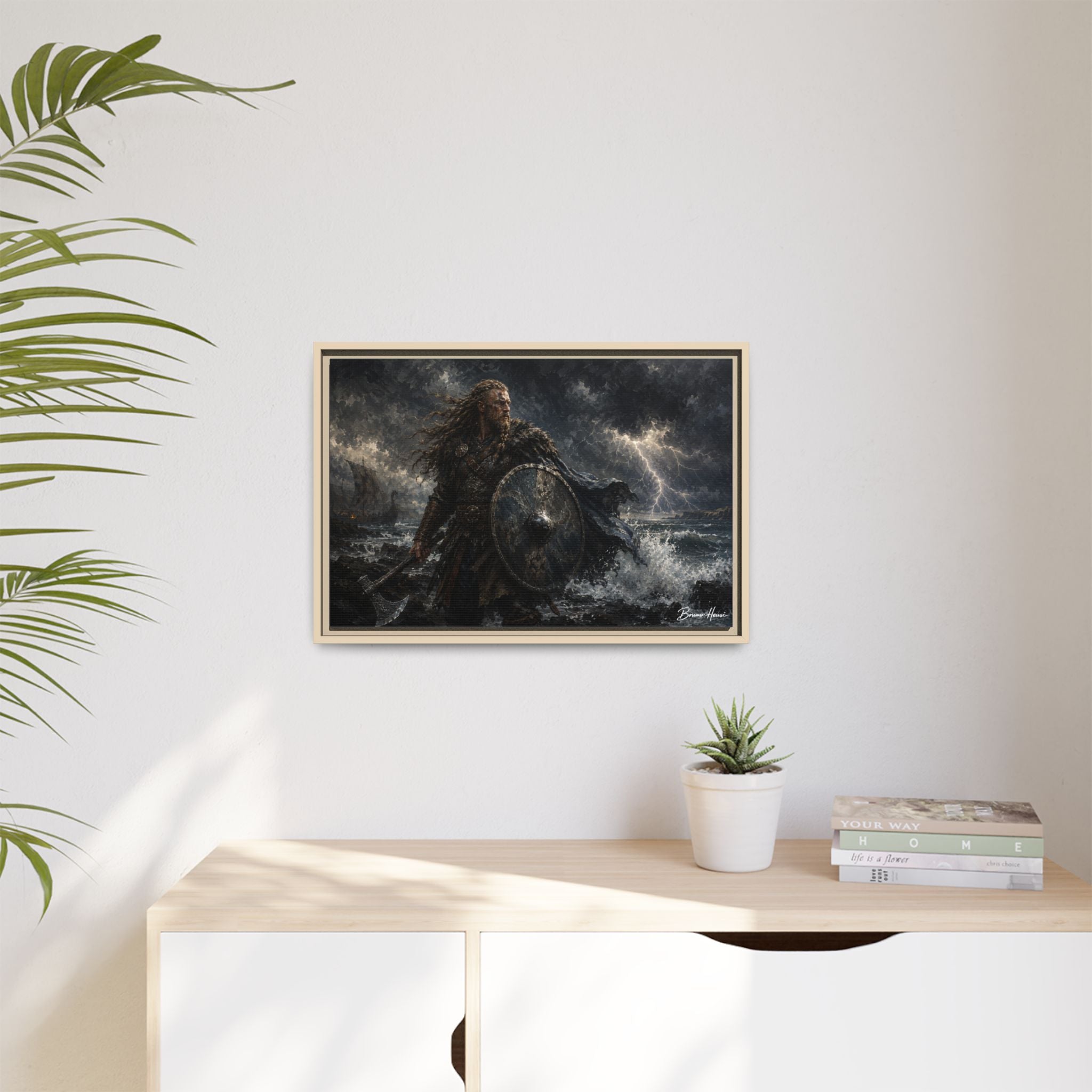 Viking Warrior Matte Framed Canvas Print — Stormy Norse Shield and Axe Wall Art