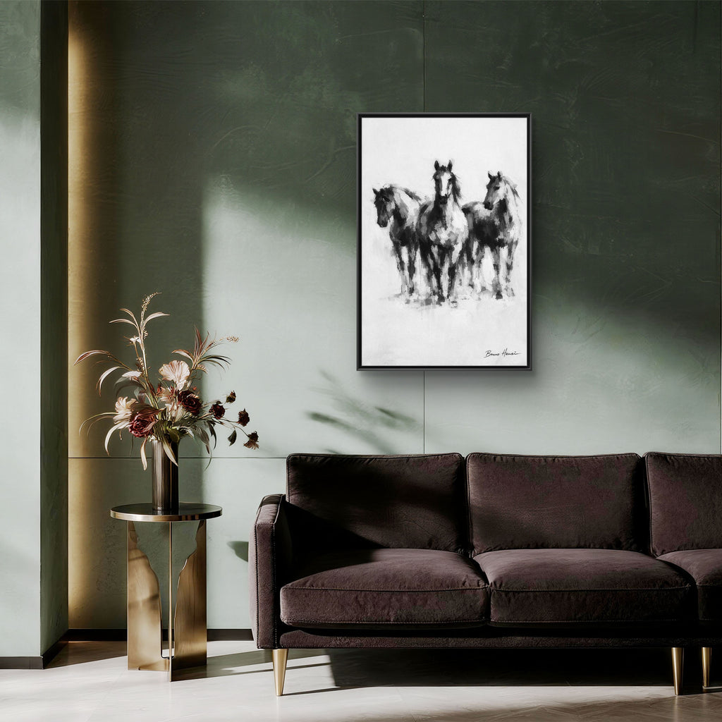 Framed Matte Canvas Print – Three Galloping Horses Black & White Wall Art