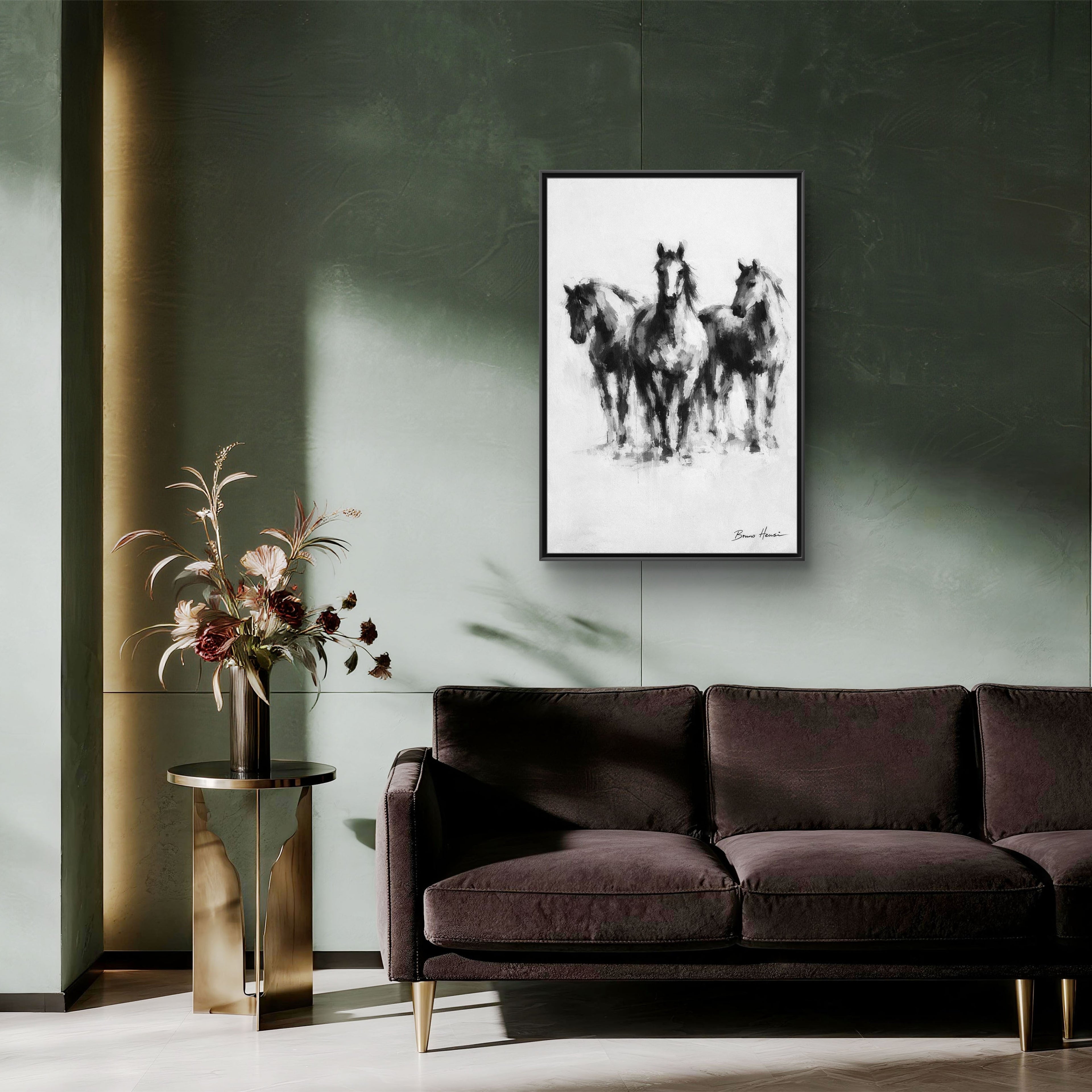 Framed Matte Canvas Print – Three Galloping Horses Black & White Wall Art
