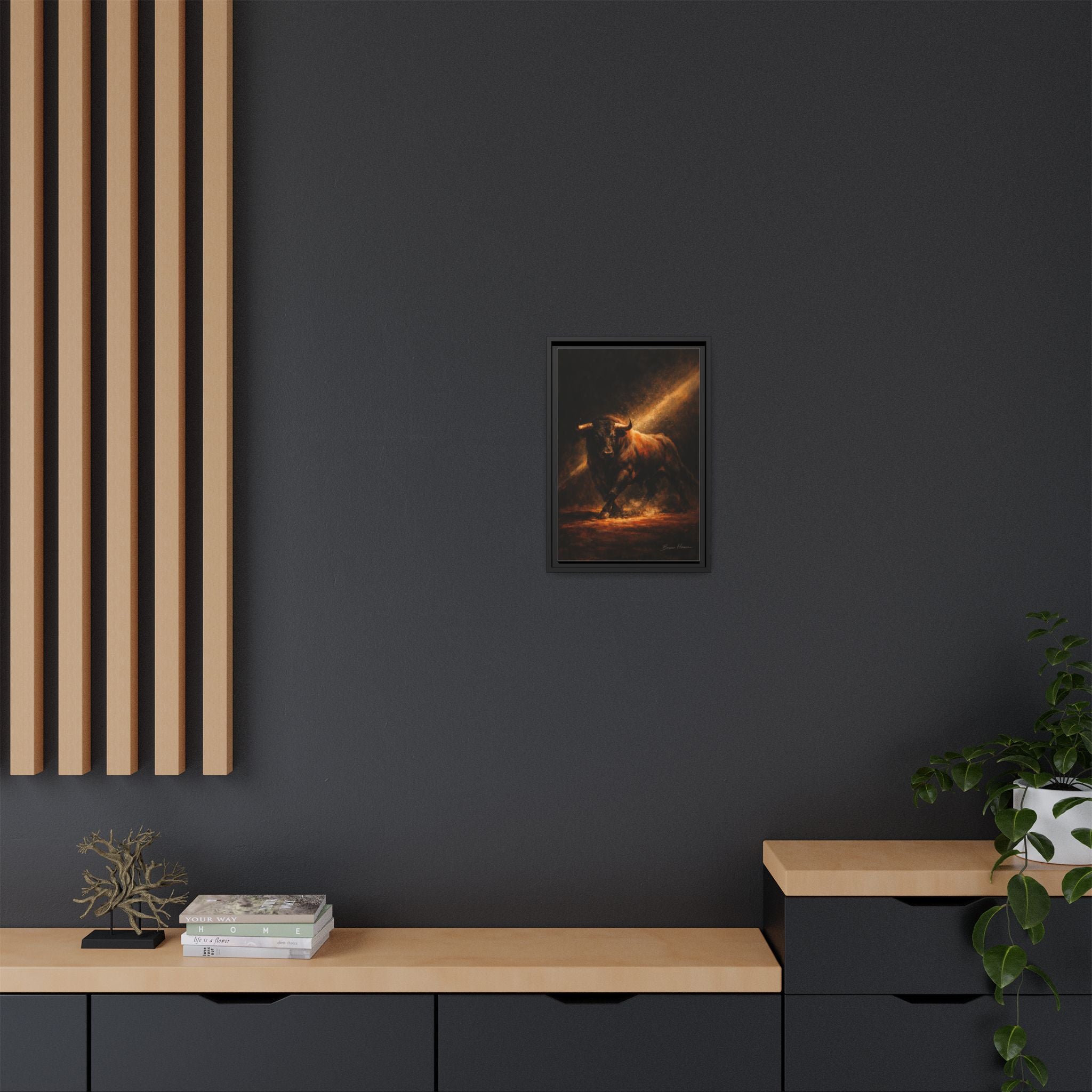 Framed Matte Canvas Art - Dramatic Charging Bull Painting