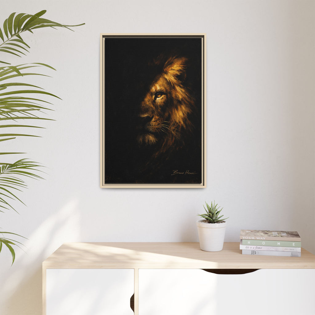 Majestic Lion Portrait Framed Canvas Wall Art — Golden Mane on Black Matte Print