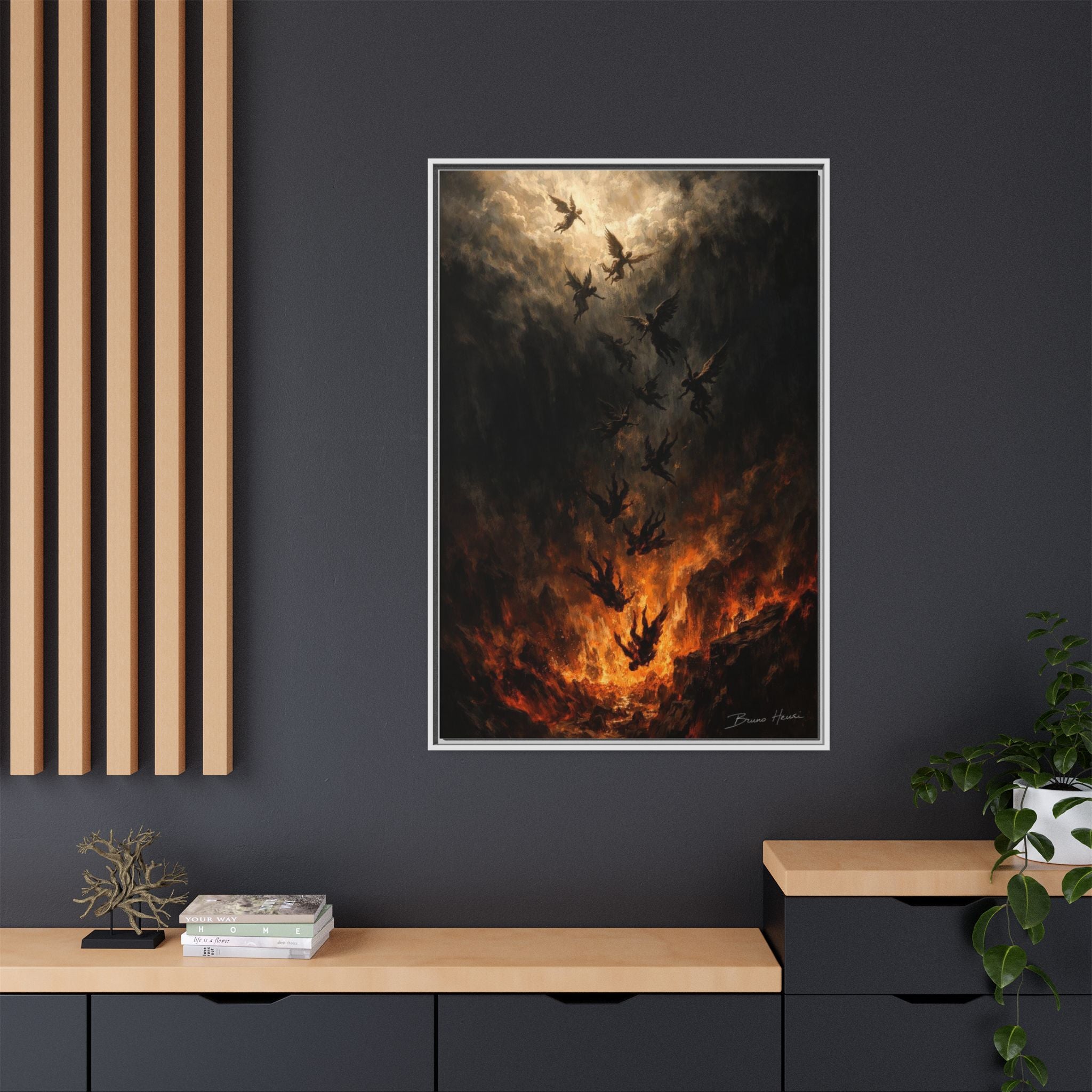 Falling Angels Matte Framed Canvas Print — Dark Fantasy Wall Art