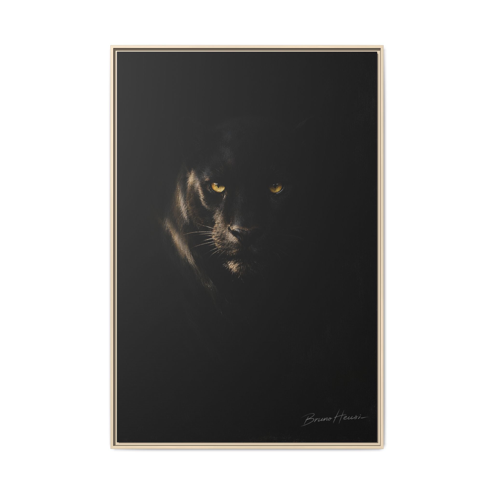 Framed Matte Canvas - Black Panther Wall Art with Golden Eyes