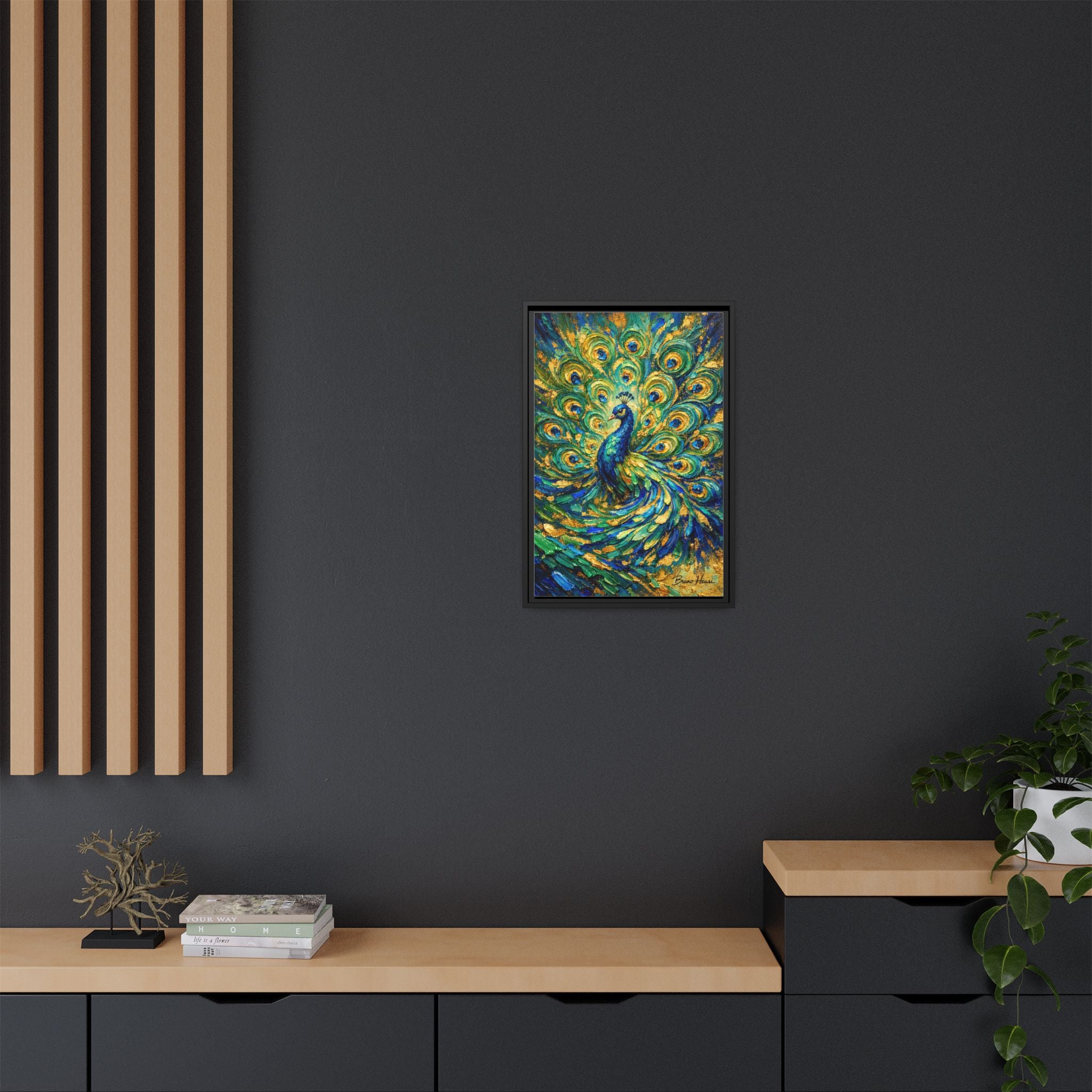 Peacock Oil-Style Framed Canvas Wall Art — Vibrant Blue & Gold Peacock Painting