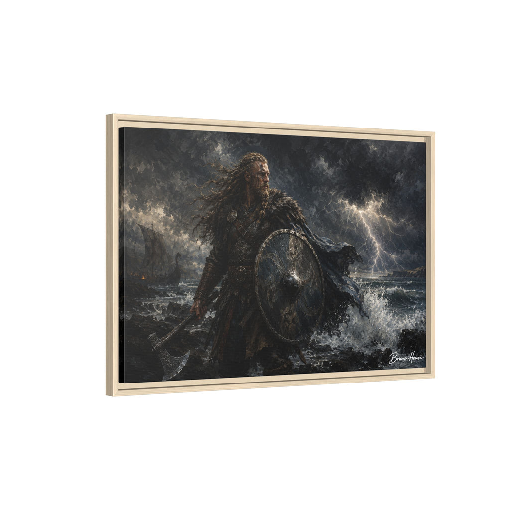 Viking Warrior Matte Framed Canvas Print — Stormy Norse Shield and Axe Wall Art